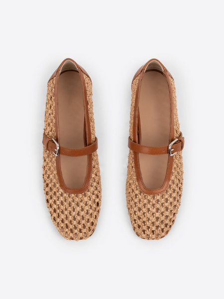 Beige Raffia Woven Square Toe Ballet Flats Mary Janes