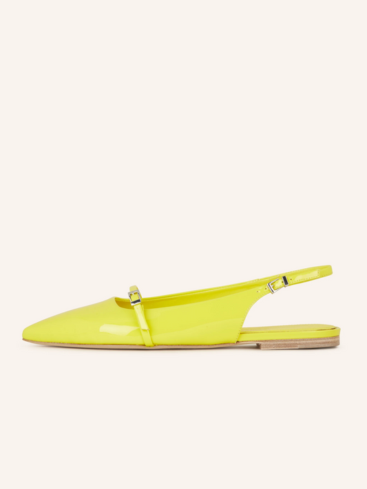 Glossy Yellow Patent Pointy Buckled Strappy Slingback Ballet Flats