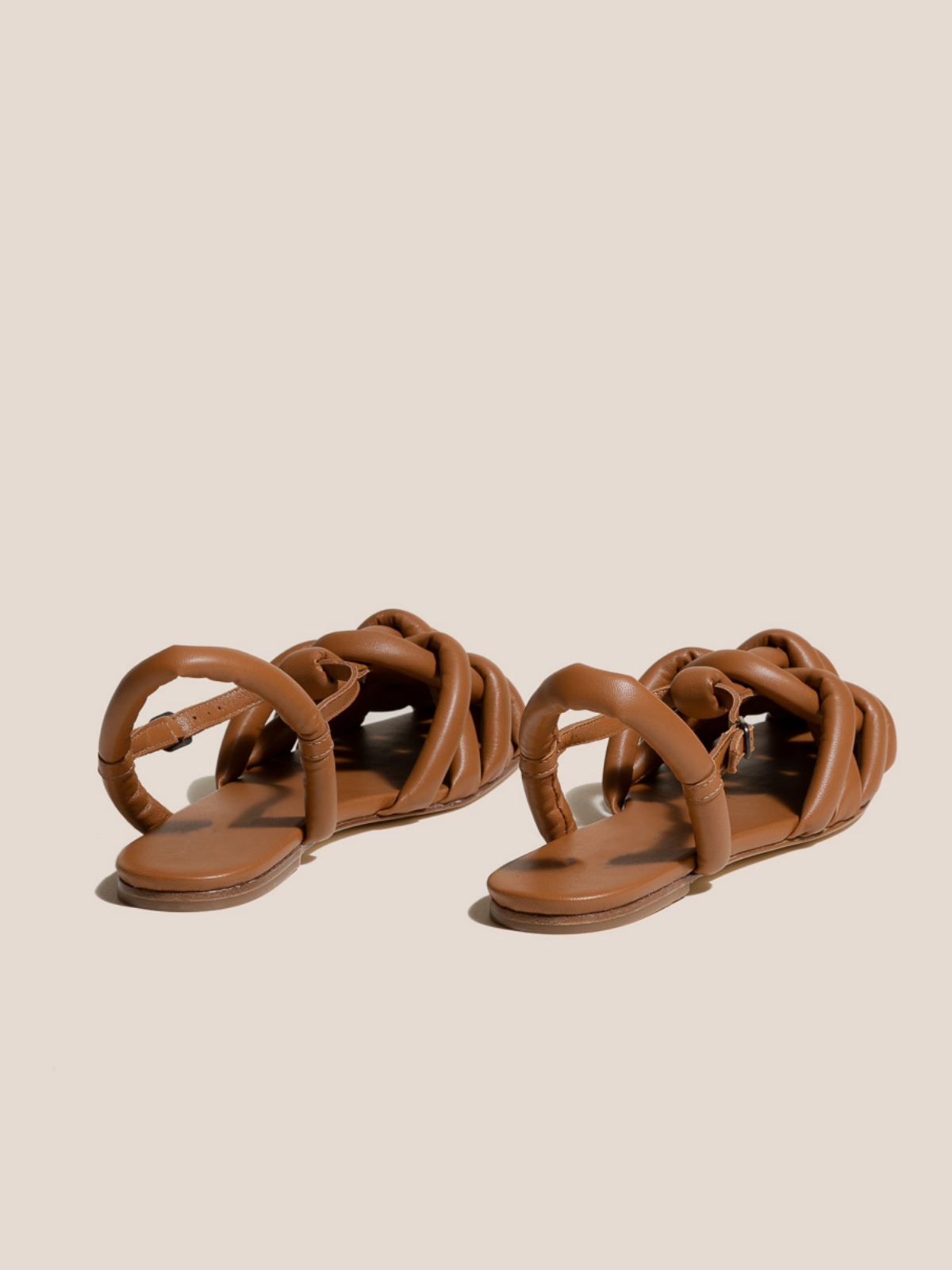 Brown Padded Strap Interwined Square-Toe Flats Sandals With Ankle T-Strap