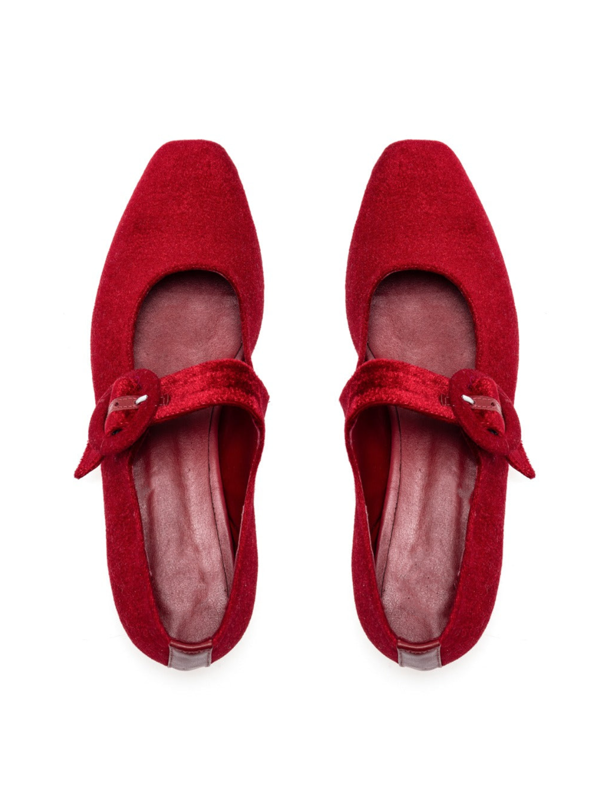 Red Velvet Elongated Ballet Flats Mary Janes With Oversized Buckle