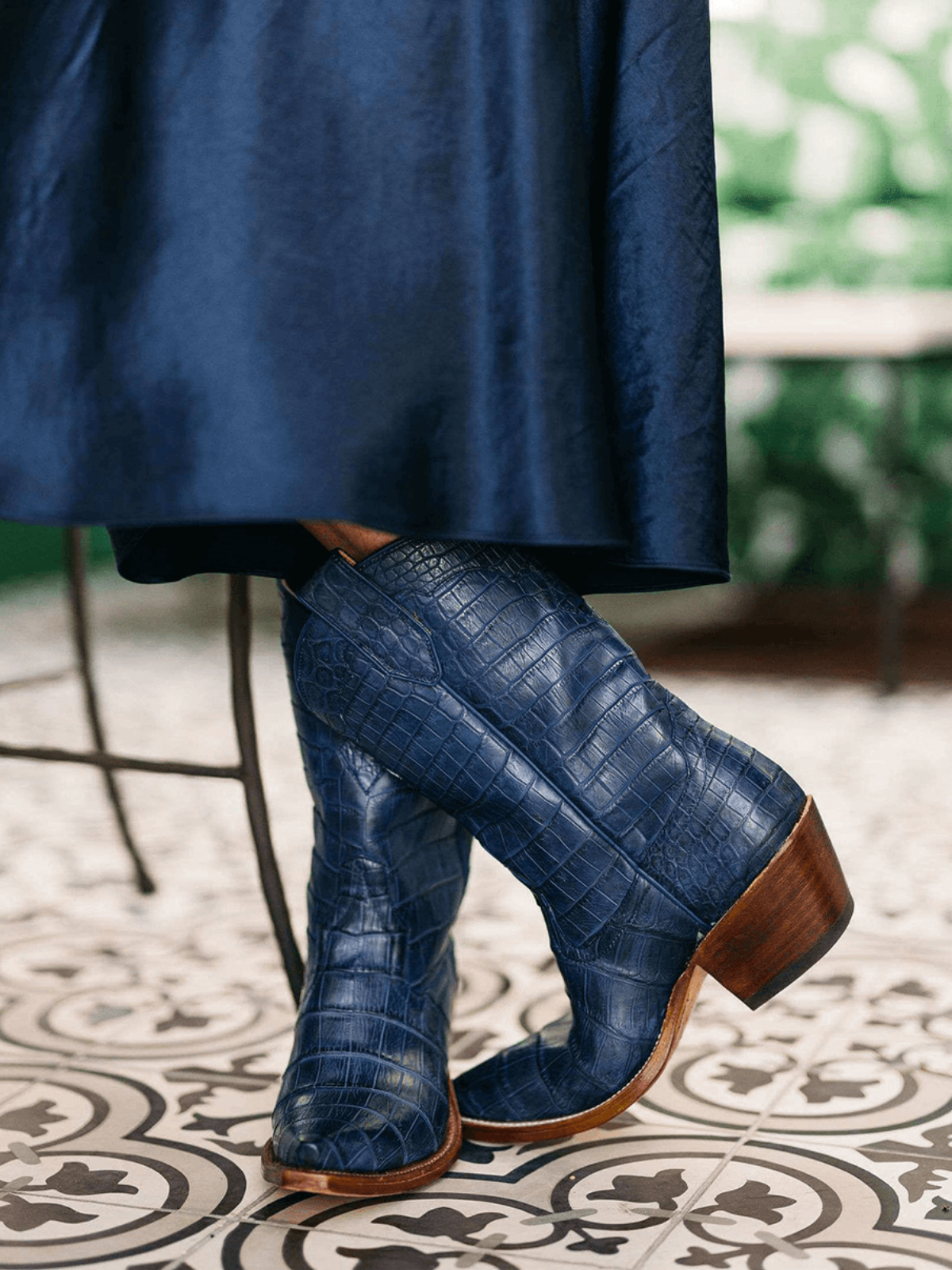 Snip-Toe Wide Mid Calf Cowgirl Boots - Navy Blue Crocodile-Embossed Vegan Leather