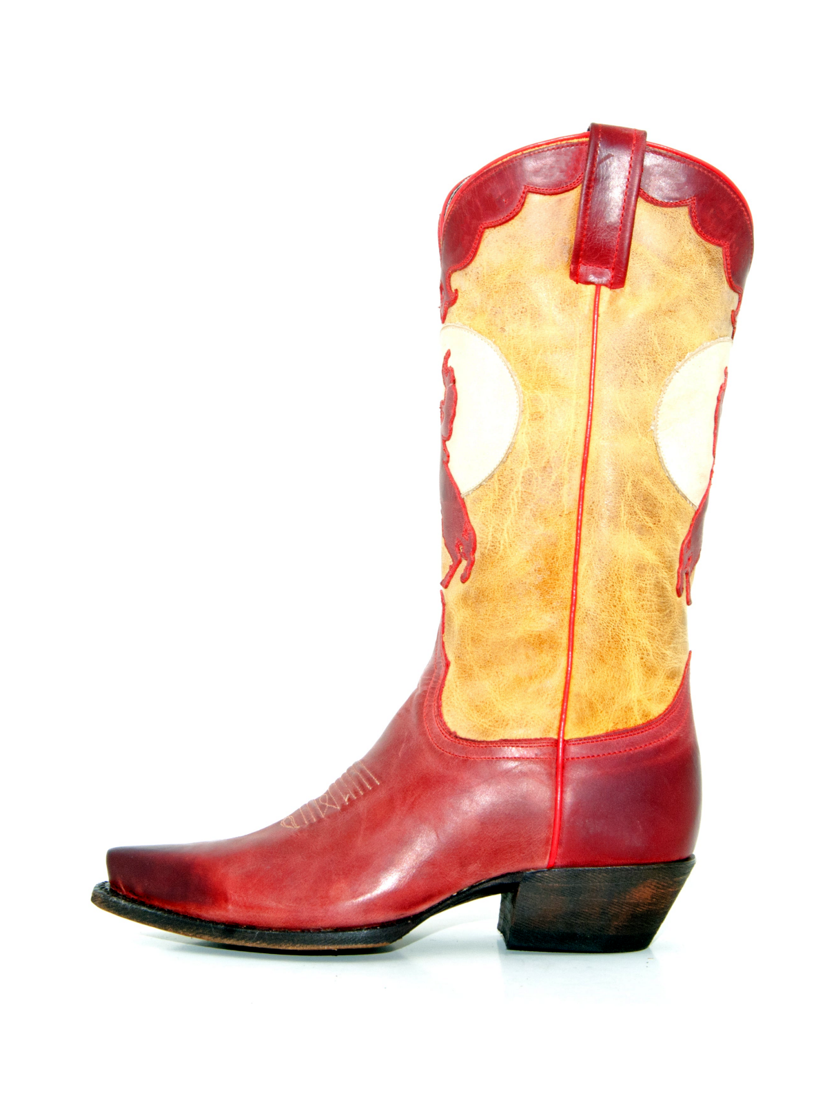 Distressed Contrast Red And Tan Snip-Toe Cowboy Applique Wide Mid Calf Cowgirl Boots