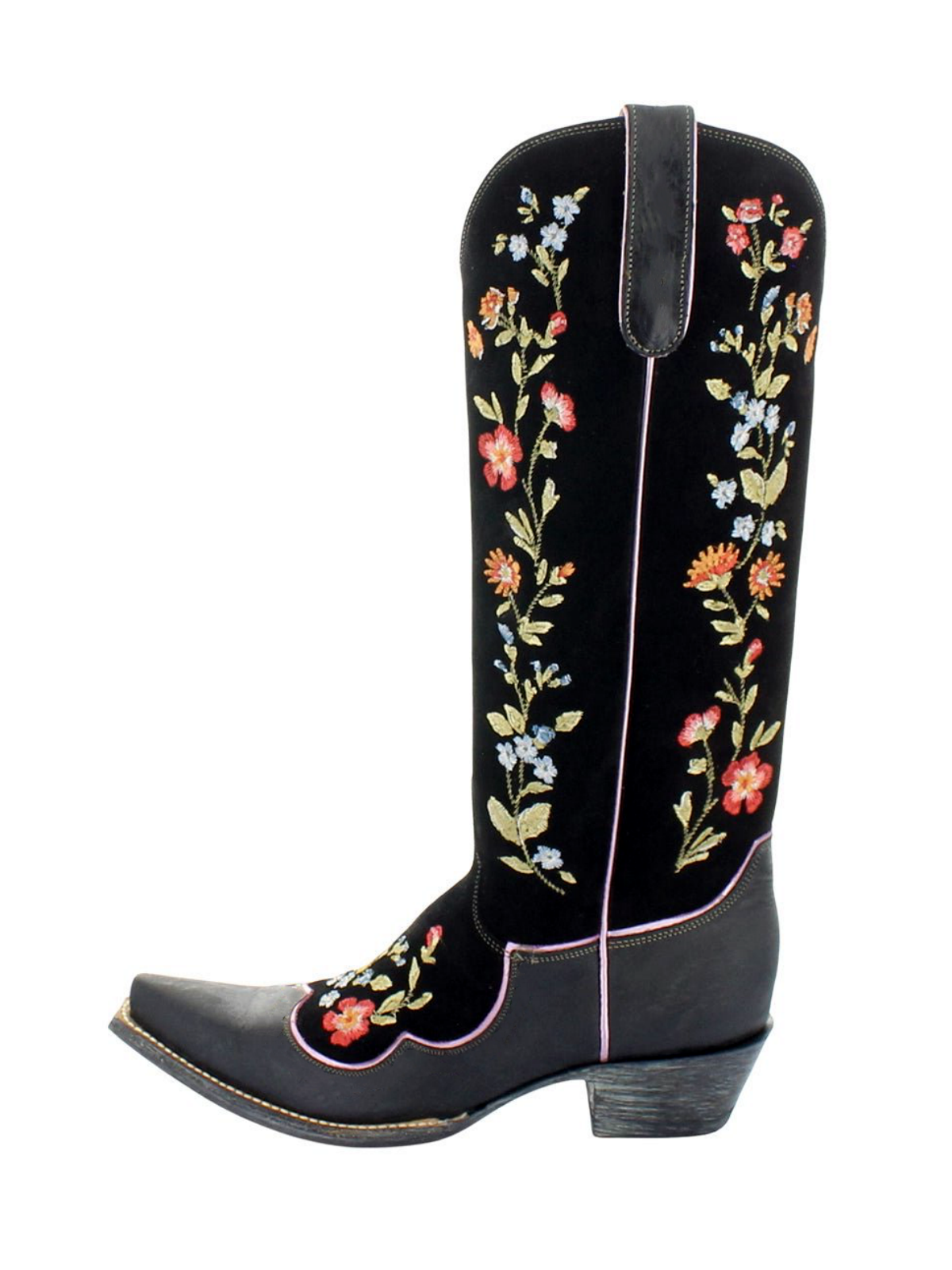 Black Contrast Vegan Leather And Faux Suede With Colorful Floral Embroidery Wide Mid Calf Cowgirl Boots