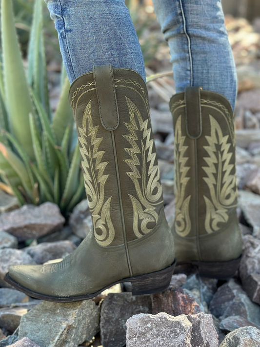 Green Snip-Toe Classic Embroidery Wide Mid Calf Cowgirl Boots