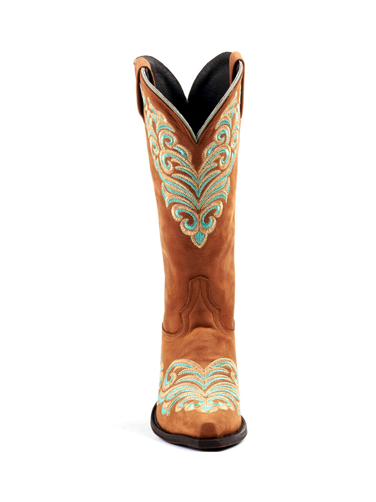 Brown Snip-Toe Colorful Filigree Embroidery Wide Mid Calf Cowgirl Boots