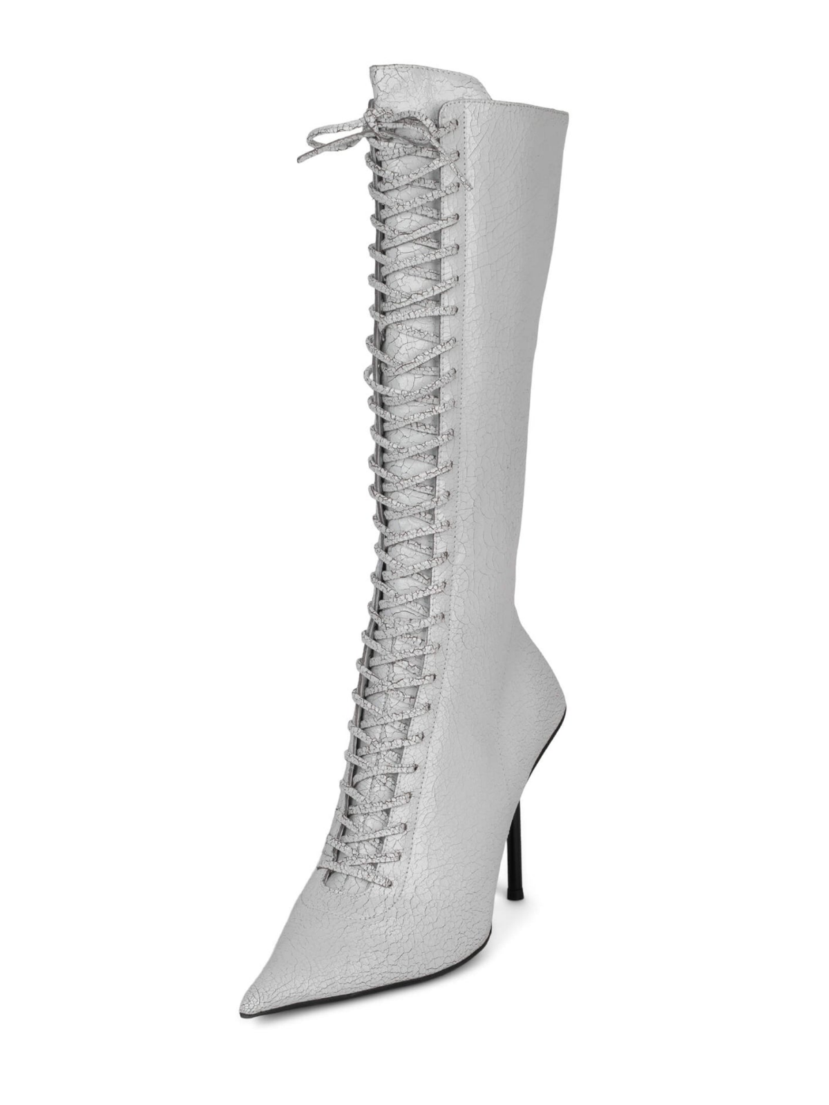 Distressed White Lace-Up Pointed-Toe Full-Zip Tall Mid Calf Stiletto Boots