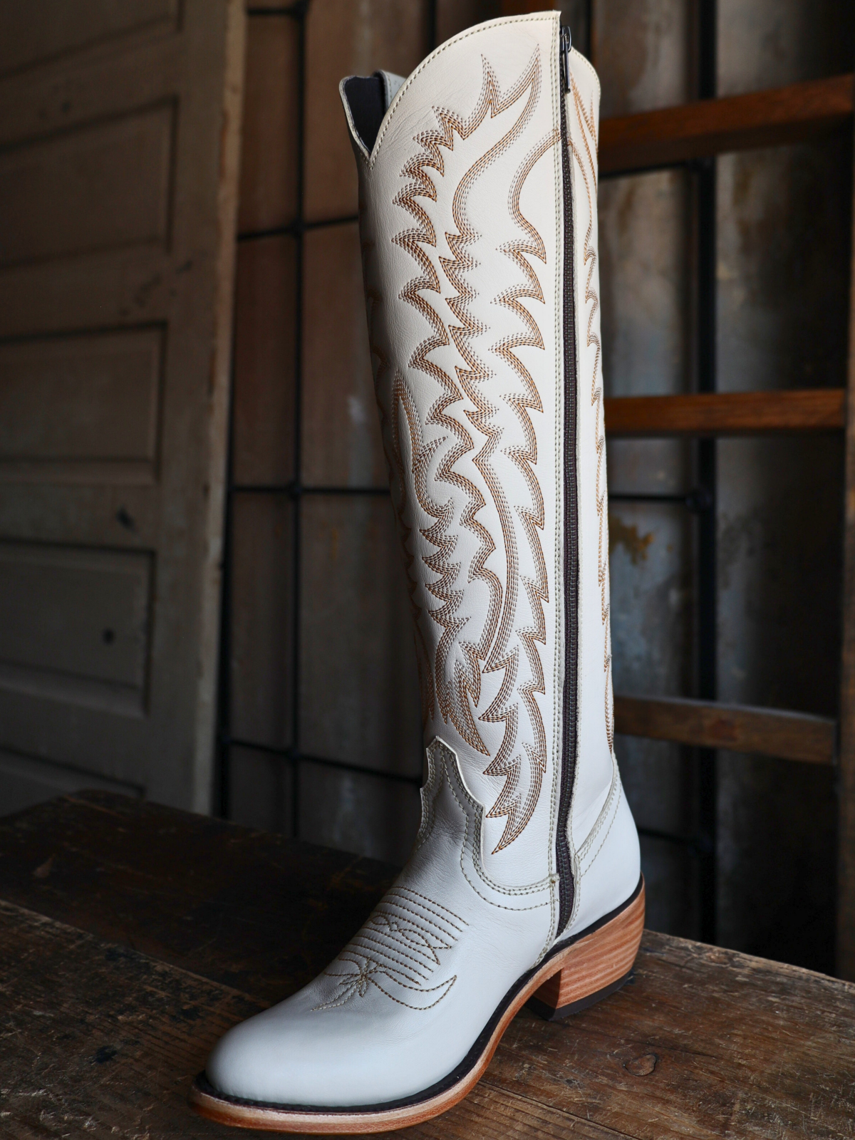 Full-Zip Almond-Toe Classic Embroidery Tall Knee High Cowgirl Boots - Ivory