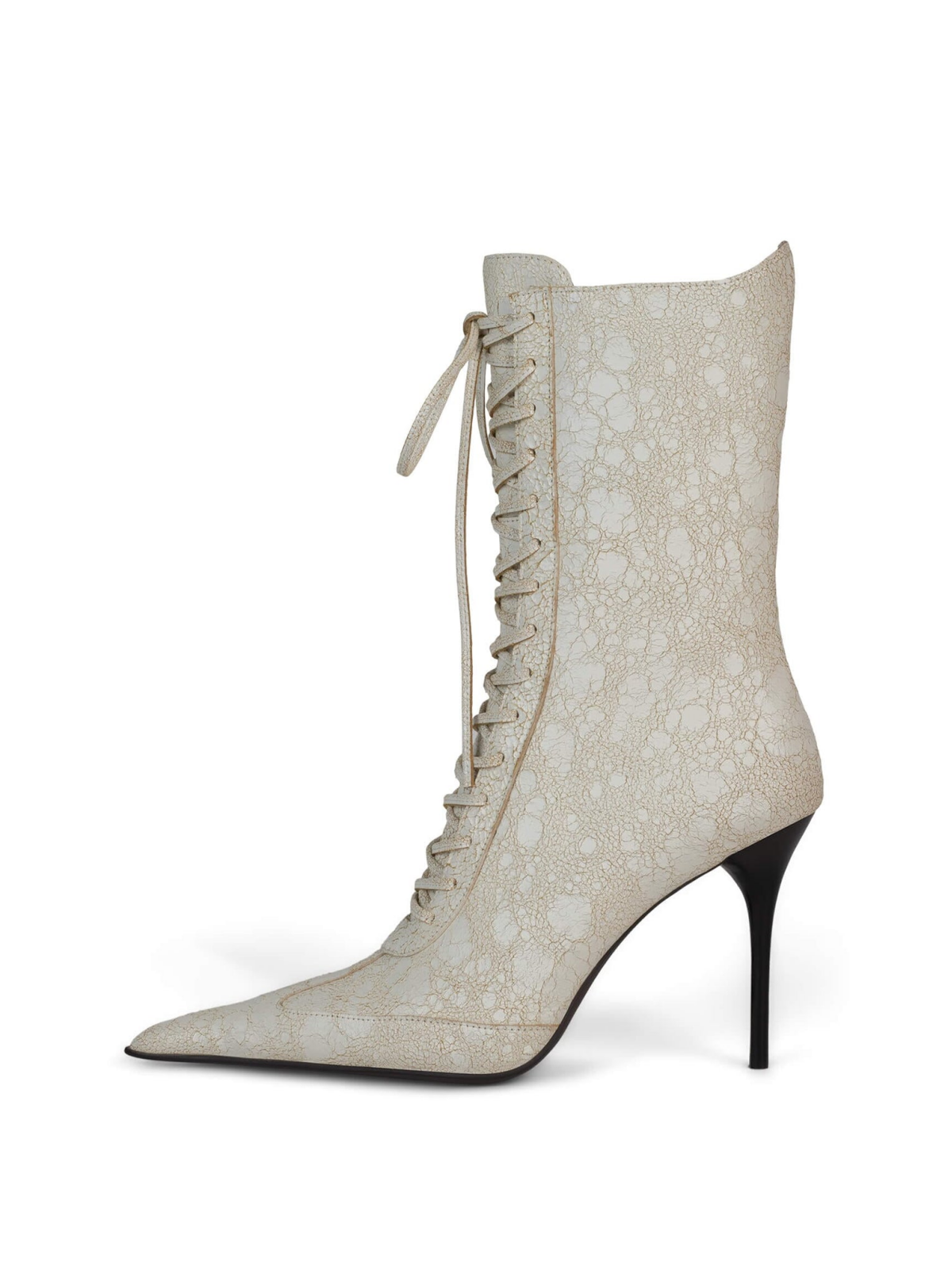 Distressed Cream Pointed-Toe Full-Zip Lace-Up Mid Calf Stiletto Boots