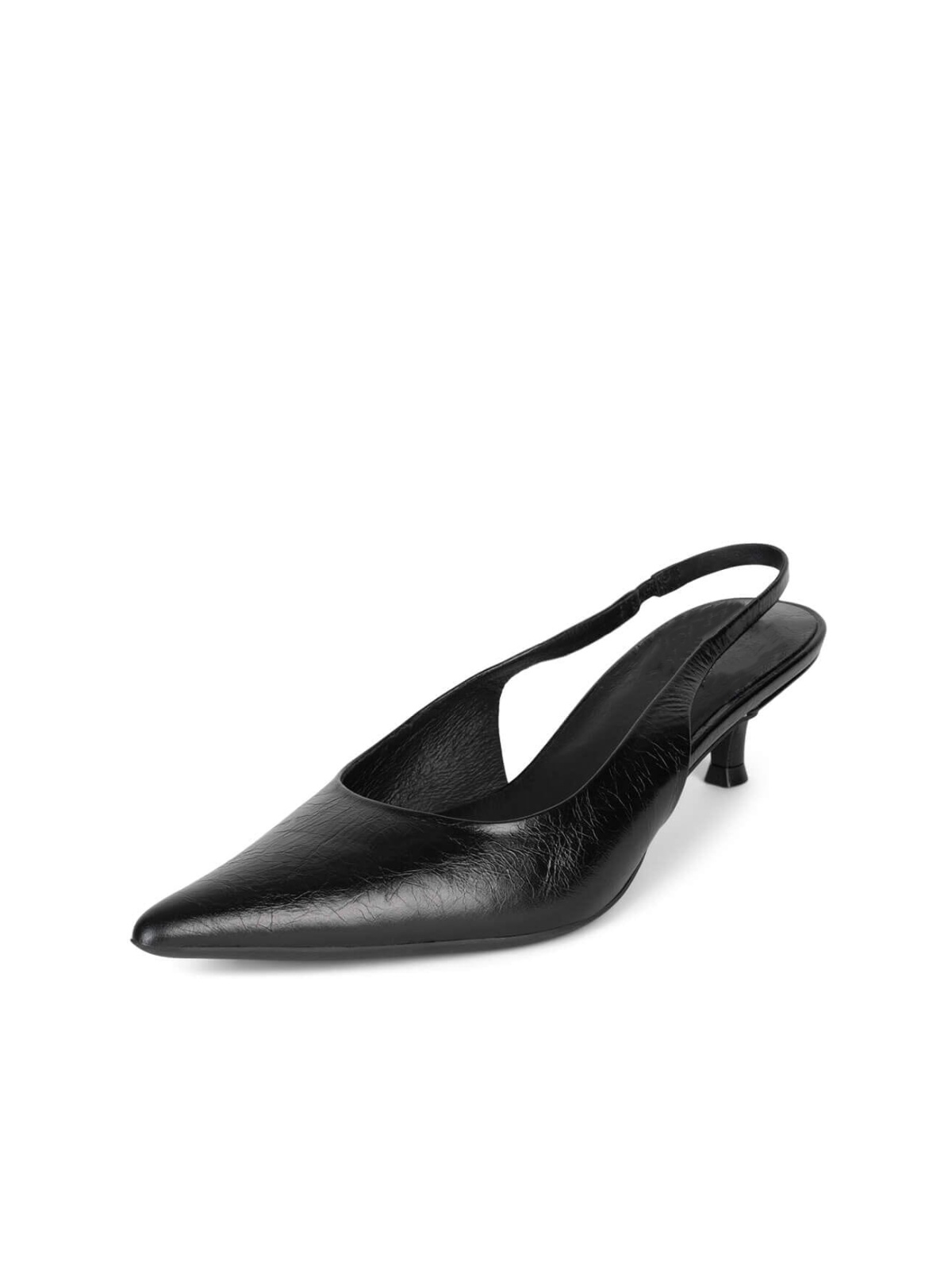 Black Crinkle Patent Pointy Comfy Kitten Heels Slingback Pumps For Women