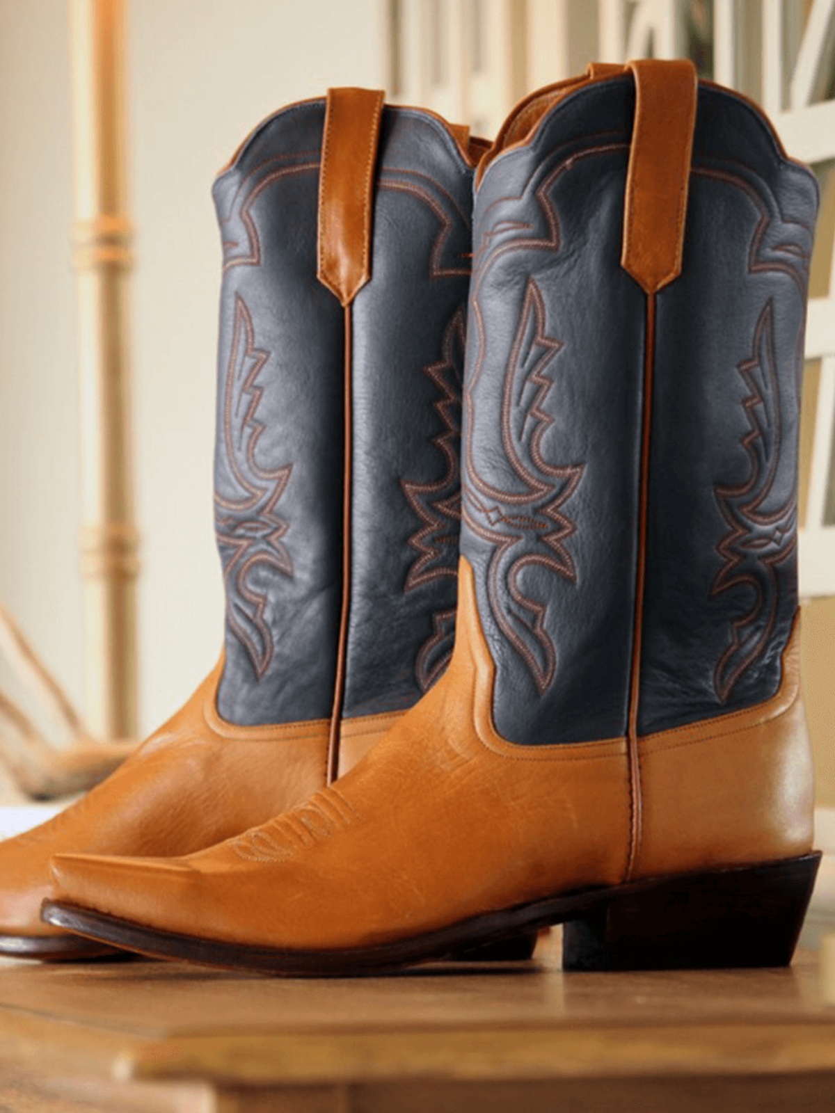 Contrast Navy Blue And Brown Snip-Toe Western Embroidery Wide Mid Calf Cowgirl Boots