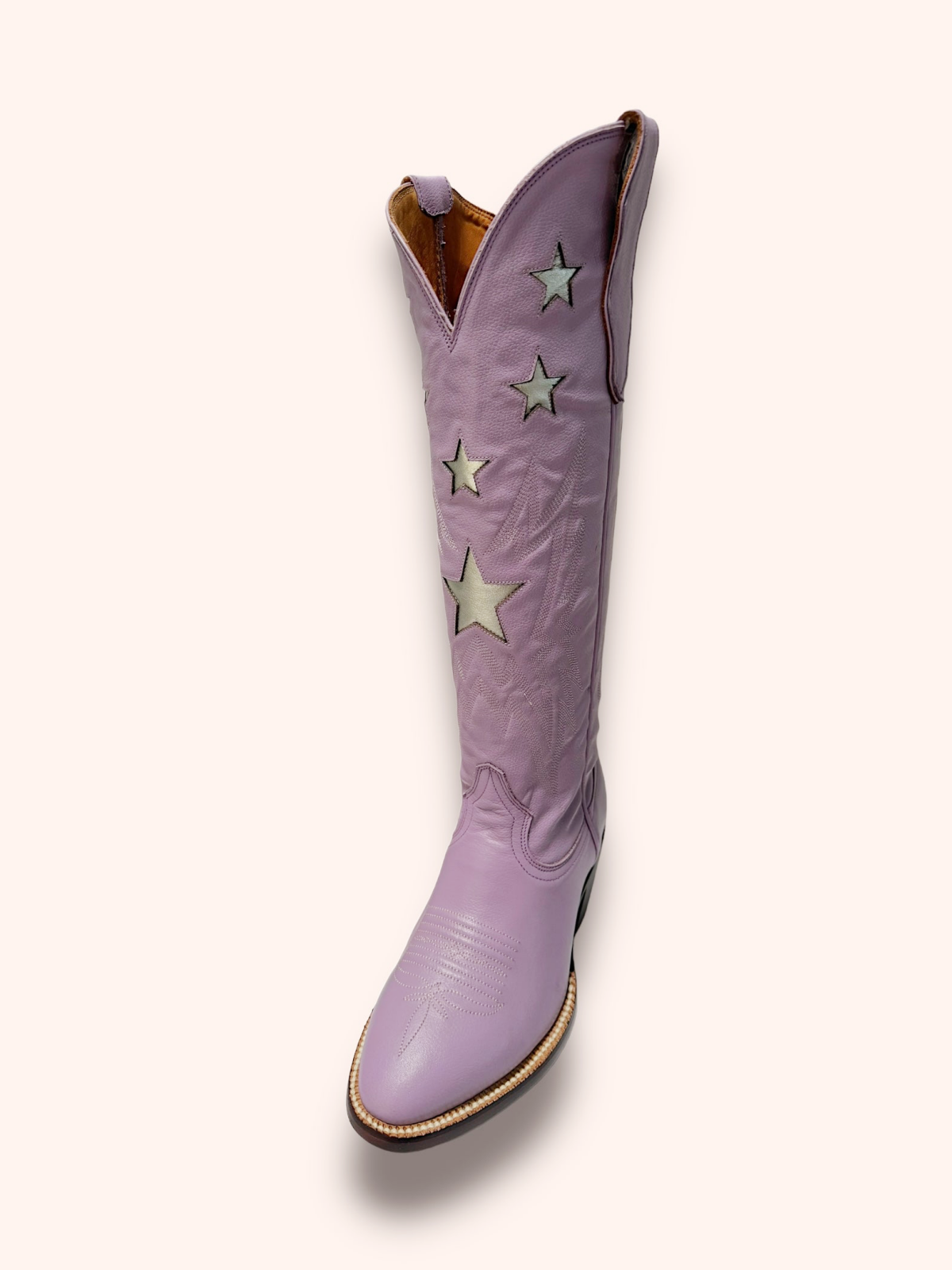 Metallic Star Inaly Embroidery Almond-Toe Wide Mid Calf Tall Cowgirl Boots - Light Purple