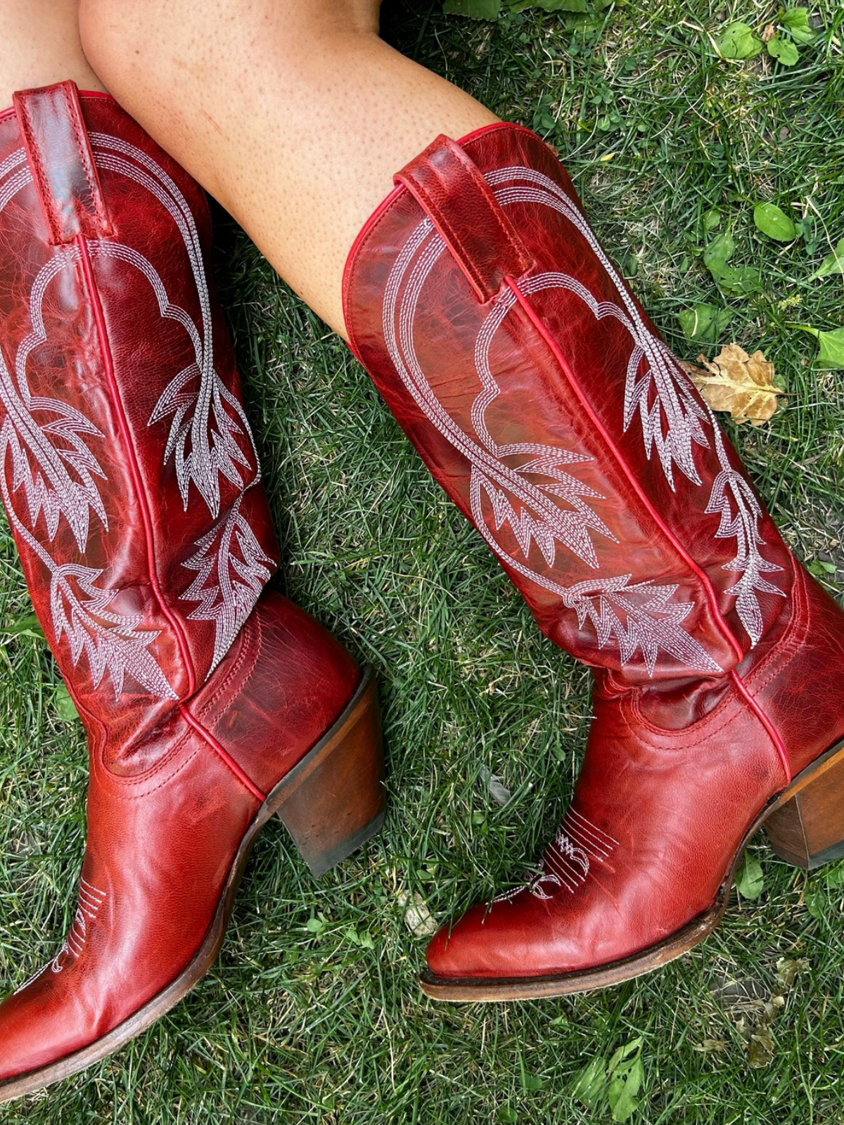 Red Almond-Toe Fallen Leaves Embroidery Wide Mid Calf Tall Cowgirl Boots