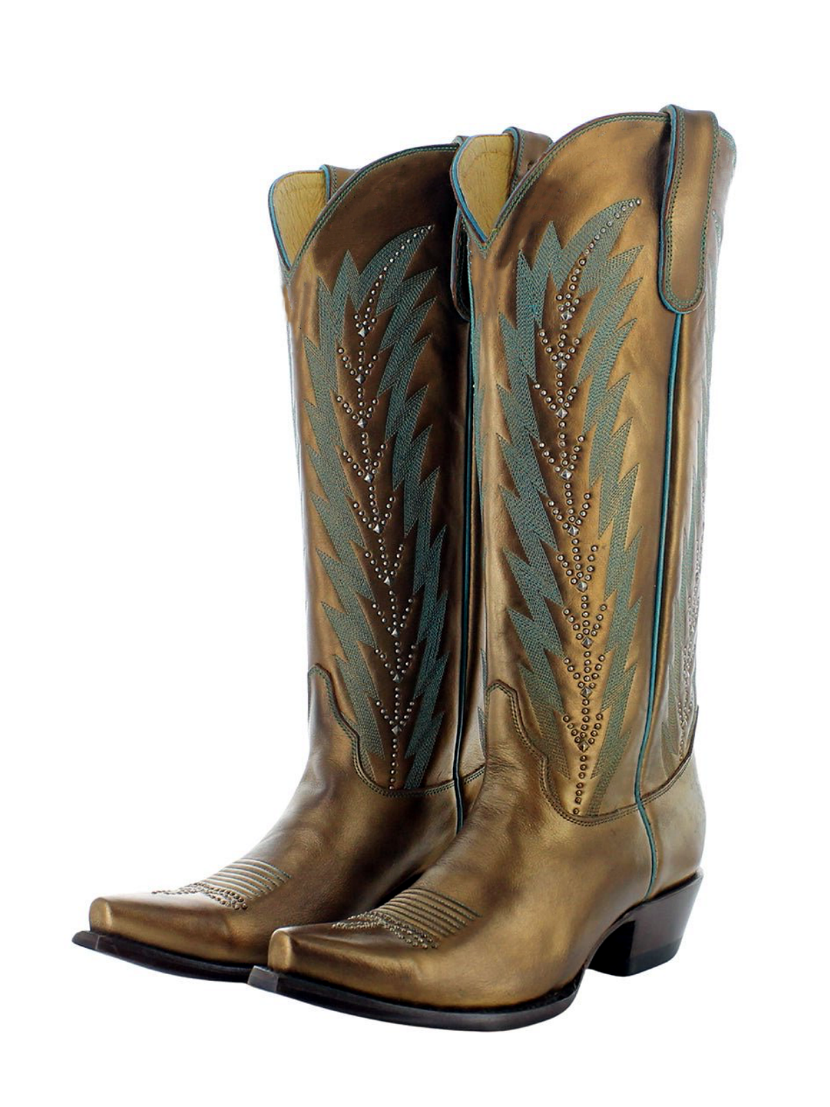 Metallic Copper Snip-Toe Leaf Embroidery Studded Wide Mid Calf Cowgirl Boots