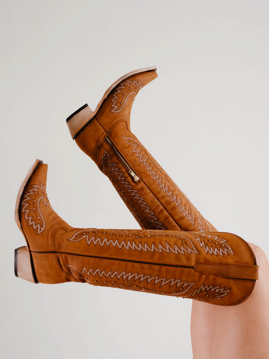 Caramel Snip-Toe Studded Embroidery Half-Zip Tall Knee High Cowgirl Boots