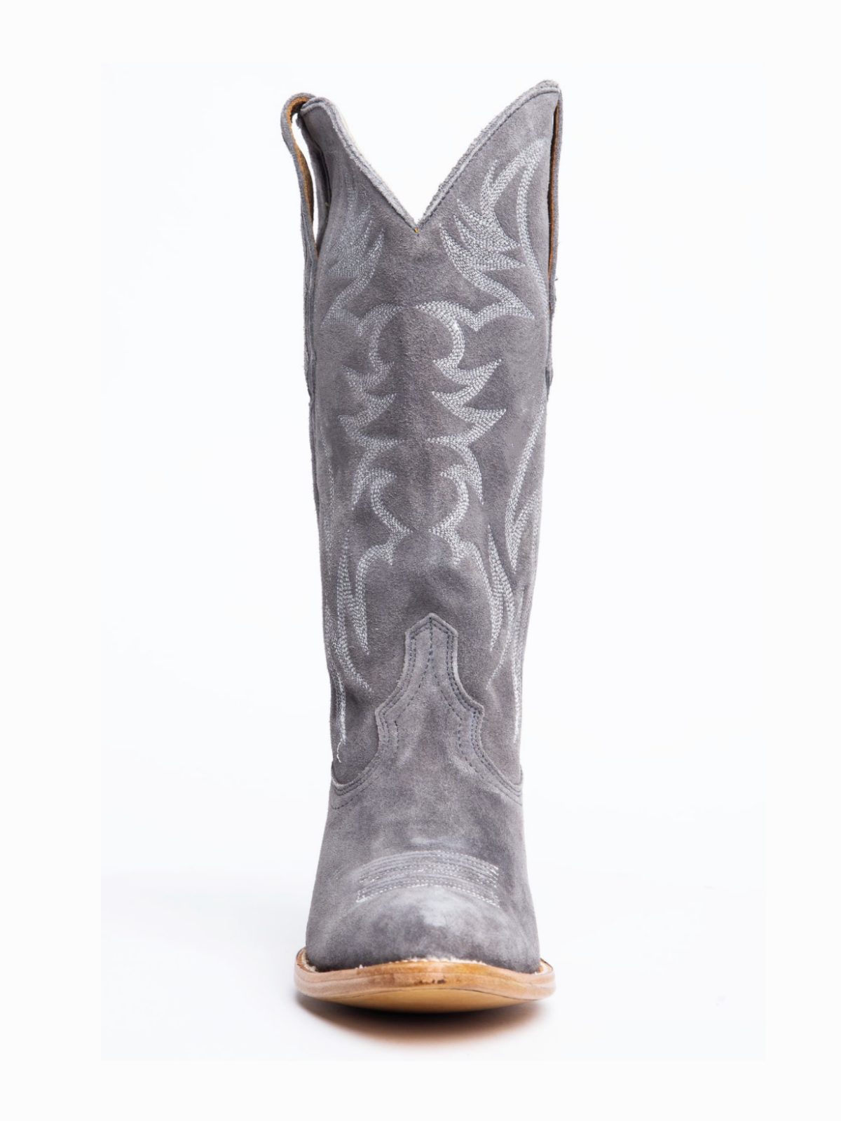 Faux Suede Wings Embroidery Pointed-Toe Wide Mid Calf Tall Cowgirl Boots - Gray