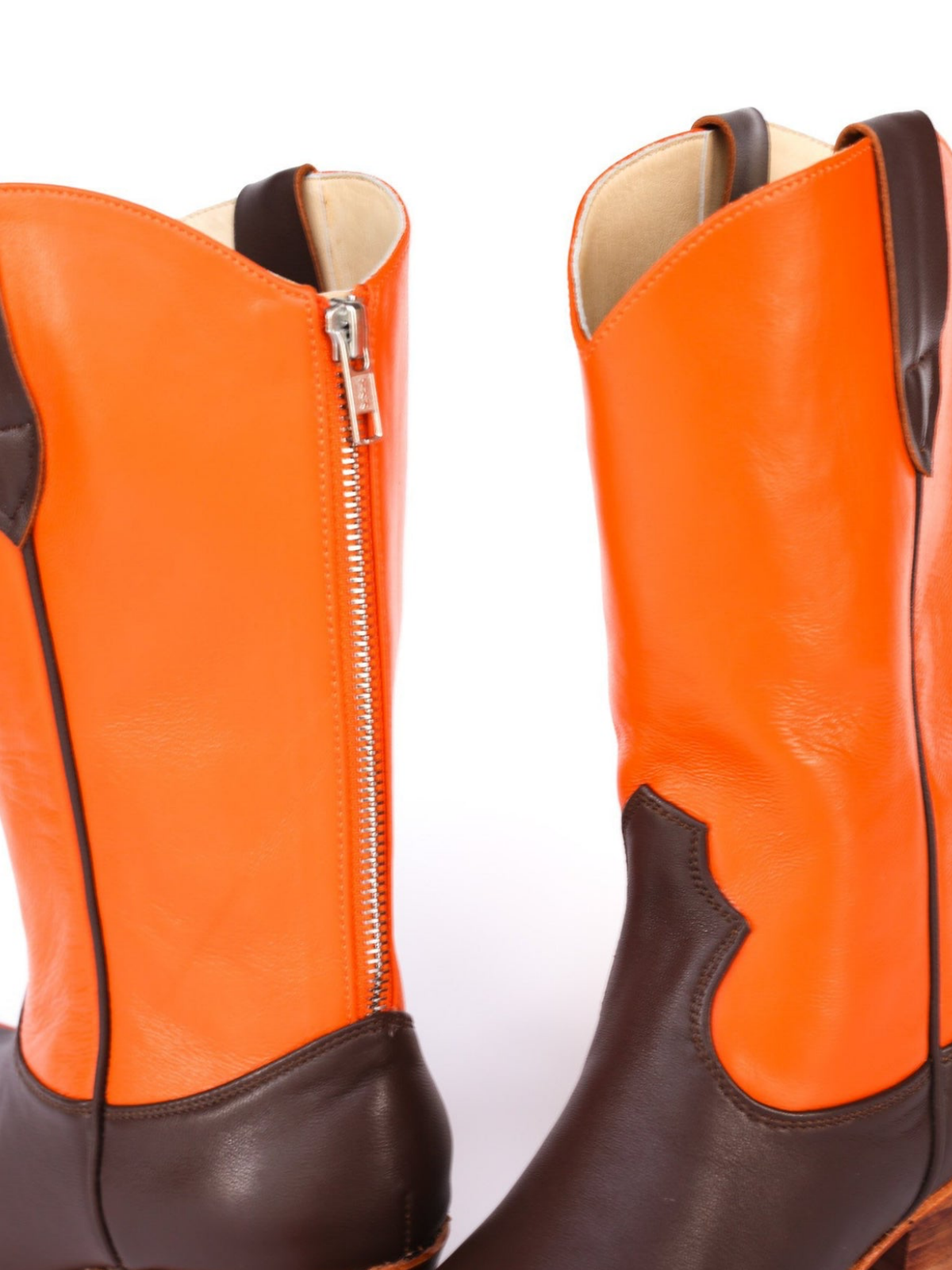 Contrast Orange And Brown Back-Zip Mid Calf Cowgirl Boots