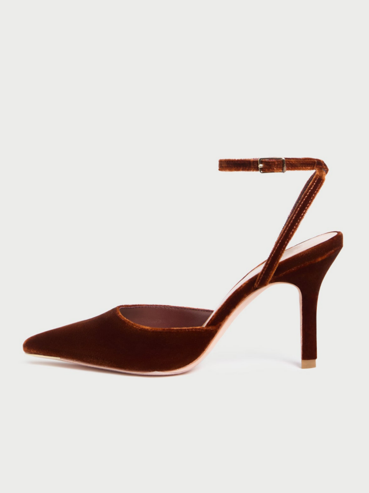 Brown Velvet Pointed-Toe Pump High Heels With Adjustable Buckle Ankle Strap