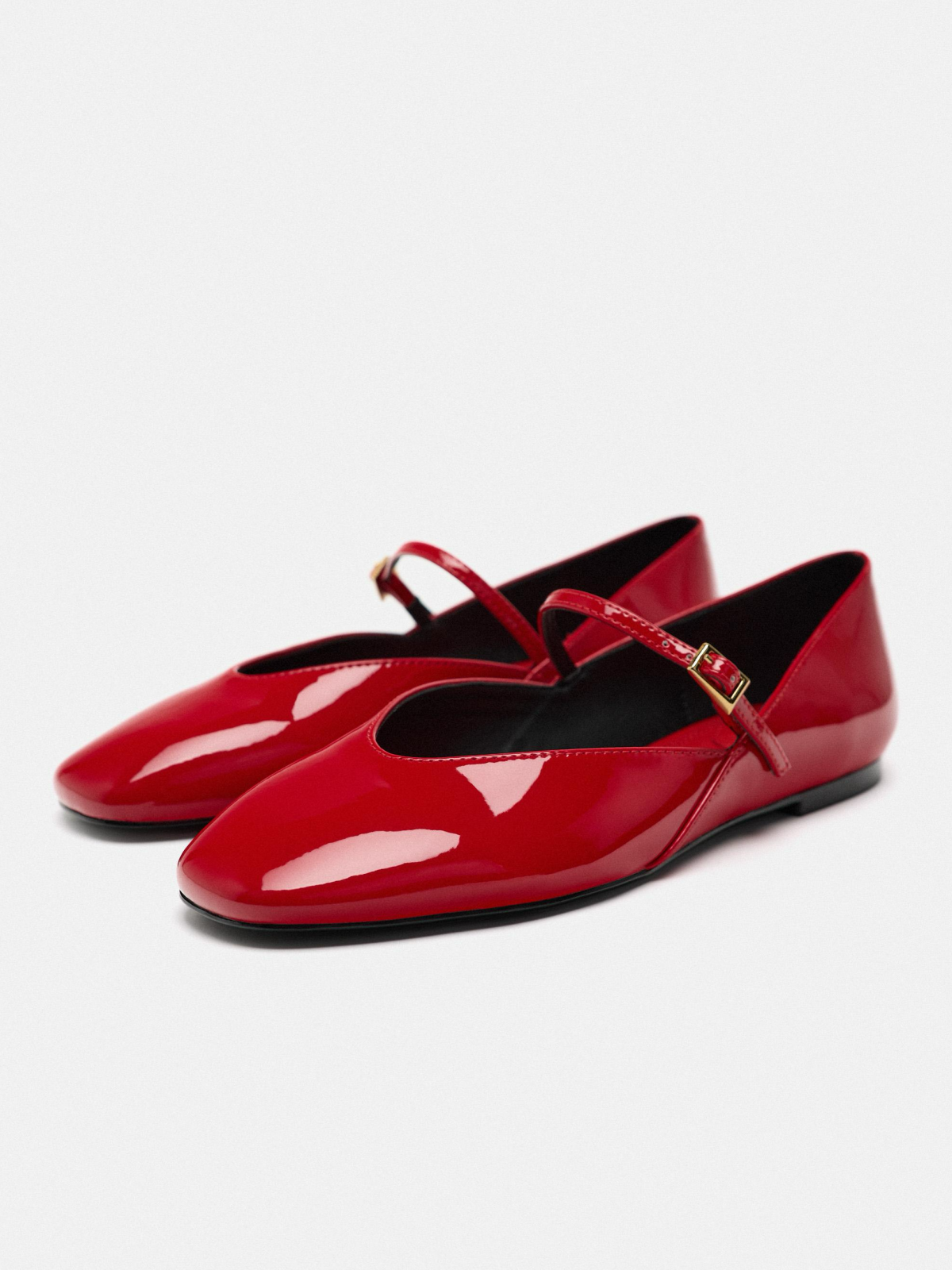 Patent Red Square-Toe Buckle Closure At Instep Mary Janes Flats