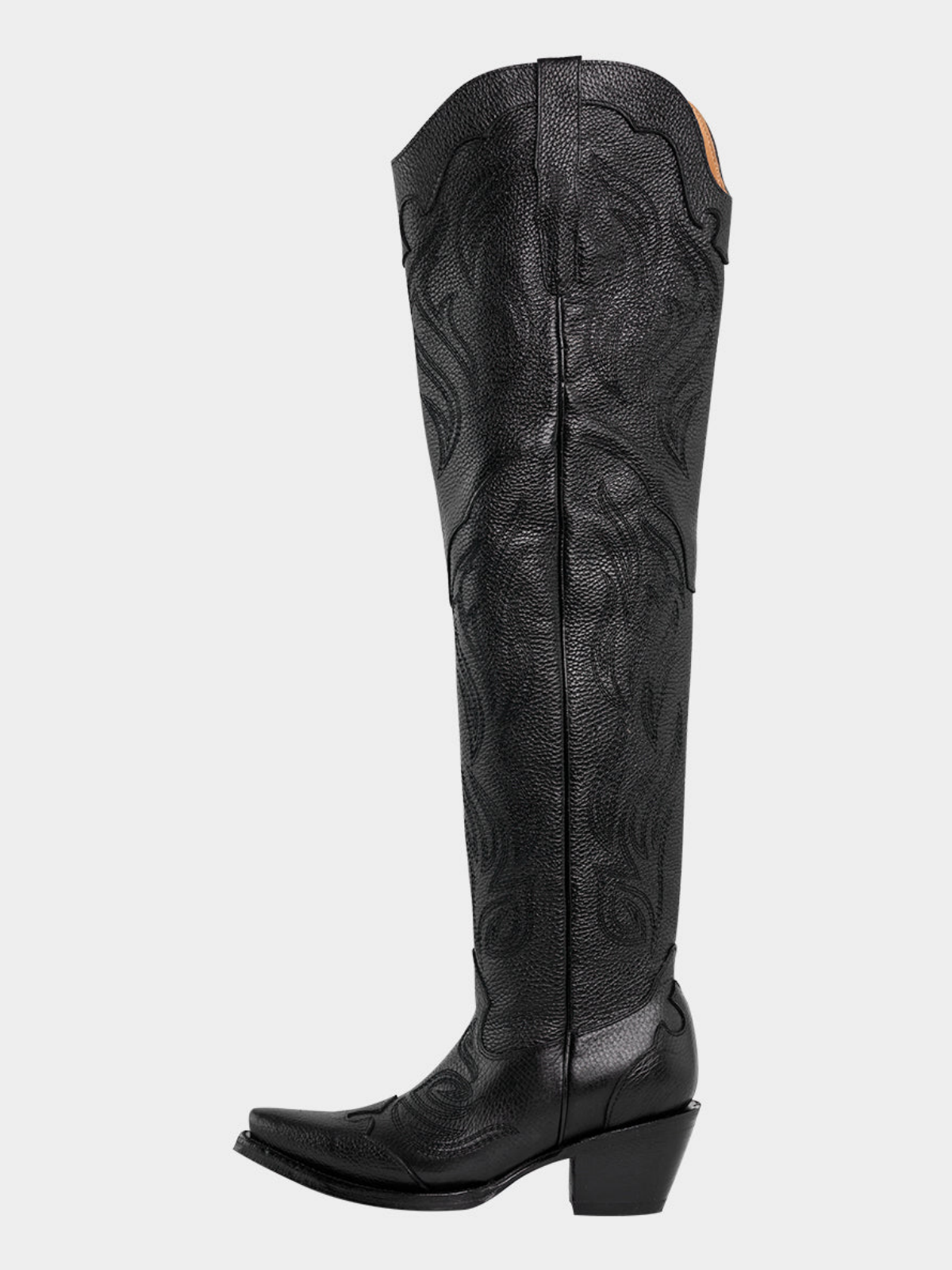 Black Snip-Toe Embroidery Wide Calf Over-The-Knee Western Boots