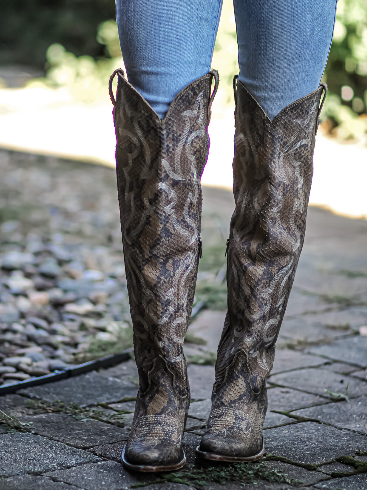 Snakeskin Almond-Toe Embroidery Half-Zip Over-The-Knee Cowgirl Boots