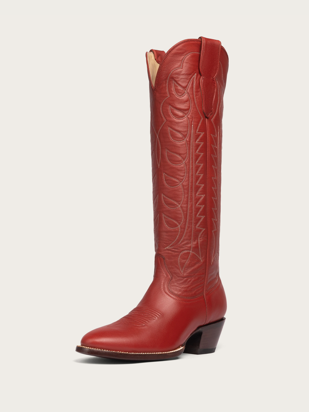 Red Embroidery Almond-Toe Wide Mid Calf Tall Cowboy Boots For Women