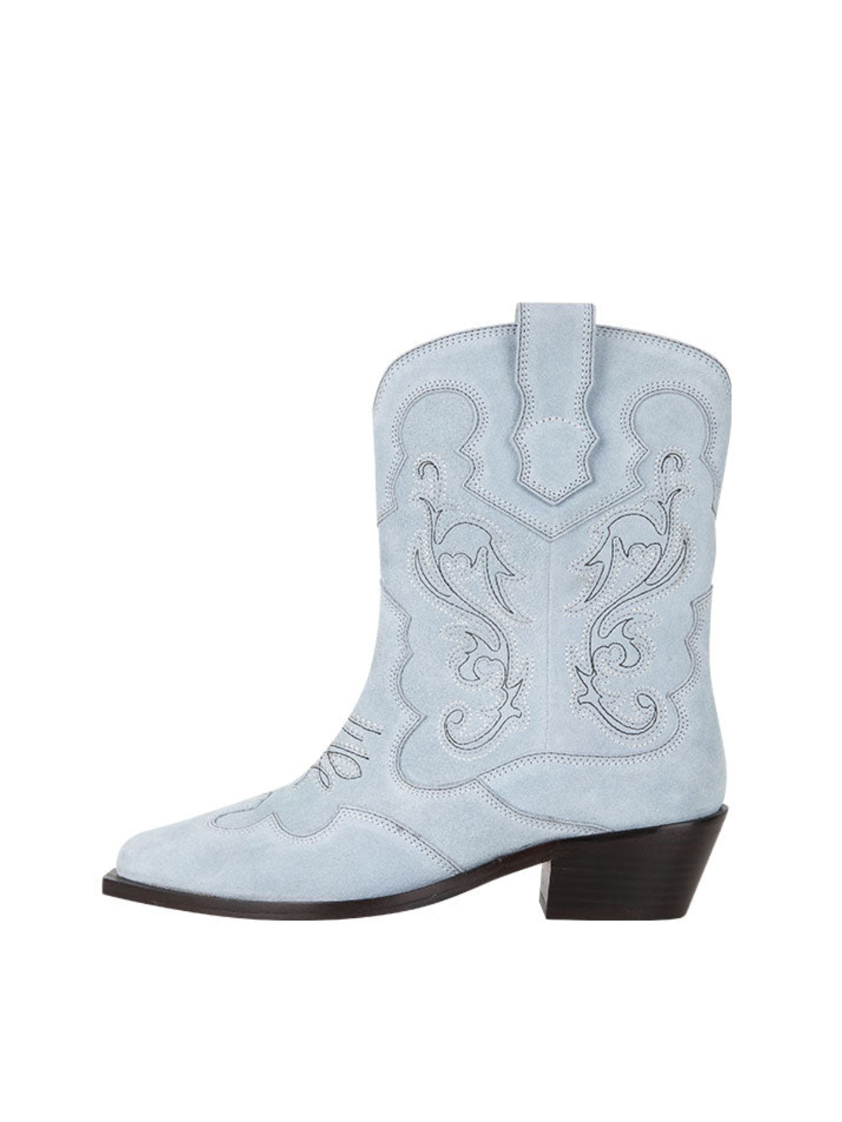 Powder Blue Faux Suede Almond-Toe Embroidery Wide Mid Calf Cowgirl Boots