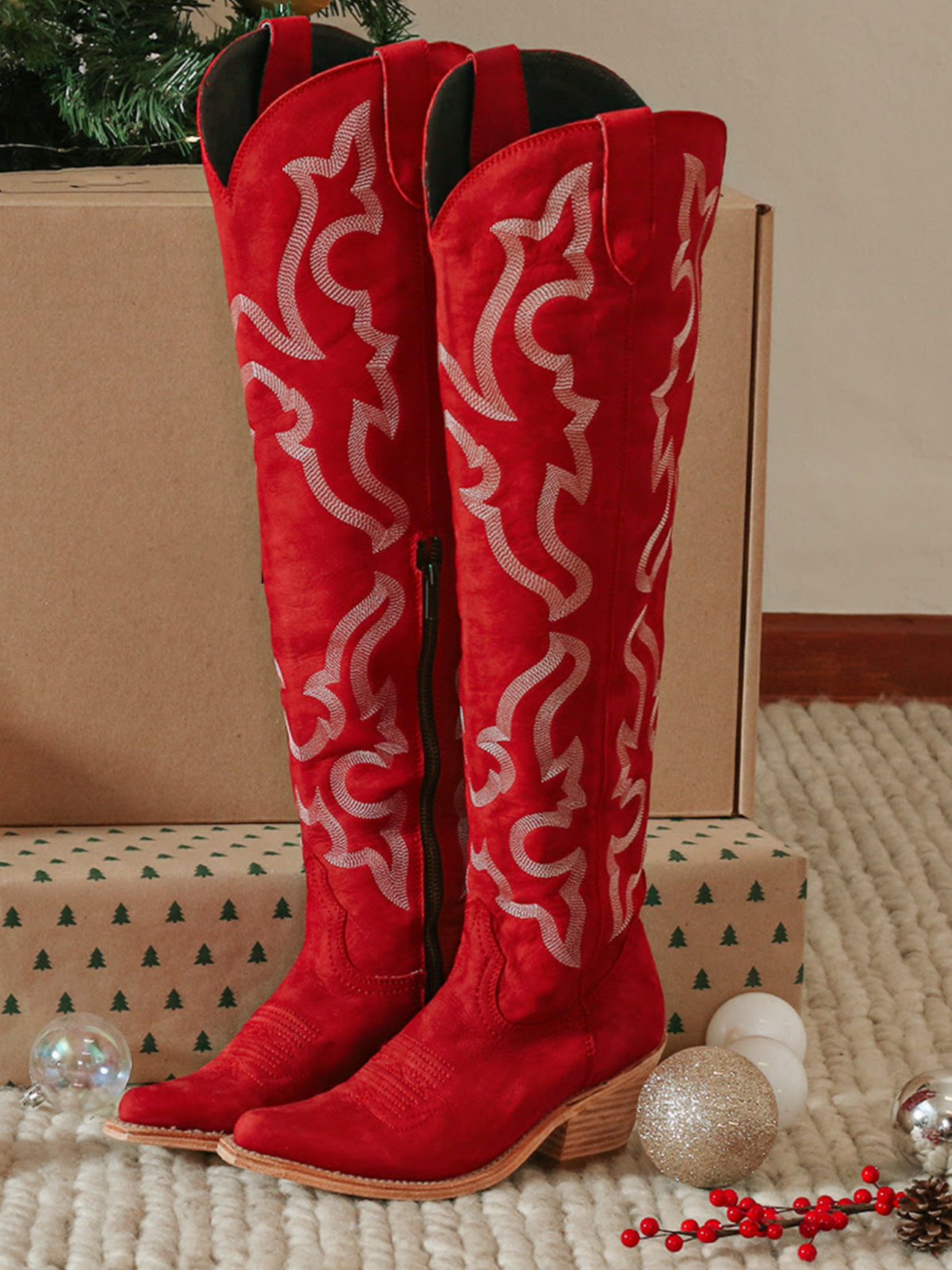 Red Faux Suede Embroidery Pointed-Toe Half-Zip Over-The-Knee Cowgirl Boots