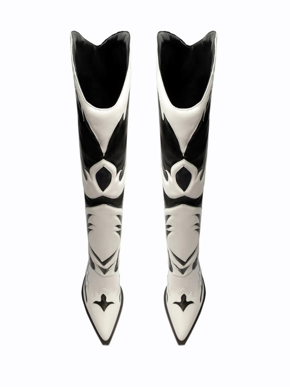 Contrast Black And White Pointed-Toe Padded Applique Half-Zip Mid Calf Cowgirl Boots