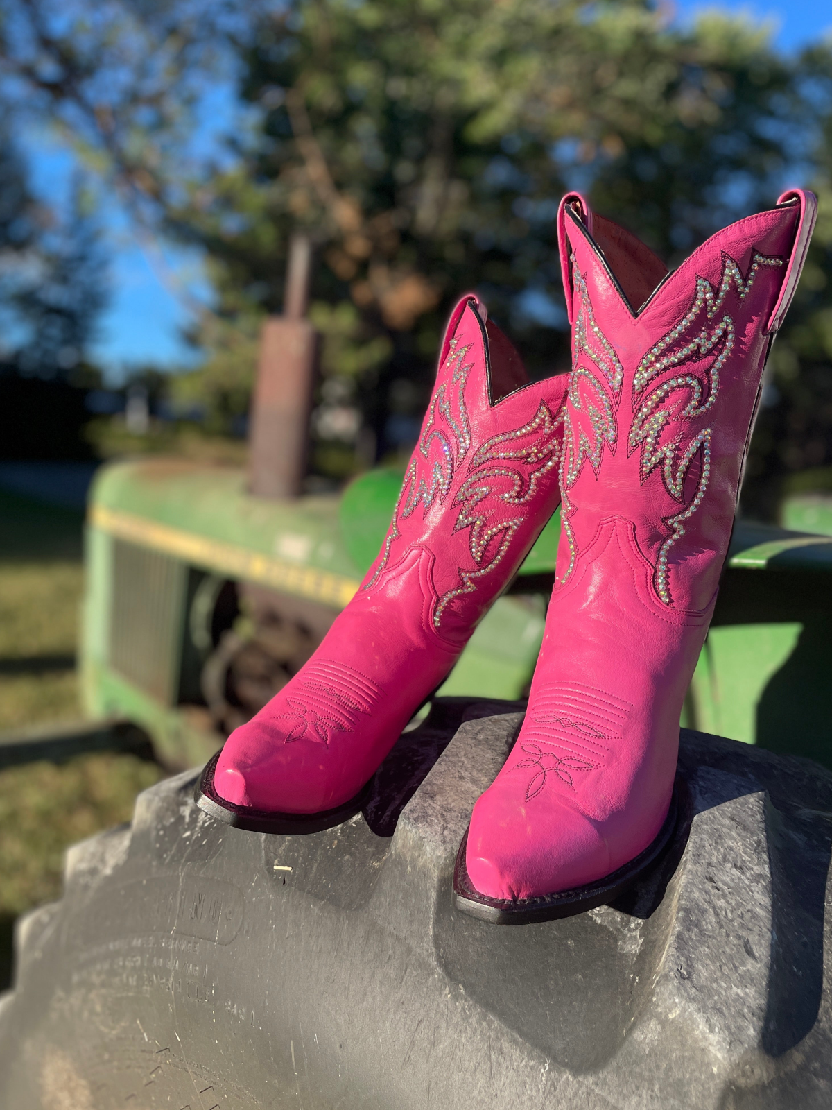 Hot Pink Rhinestone Embroidery Snip-Toe Wide Mid Calf Cowgirl Boots