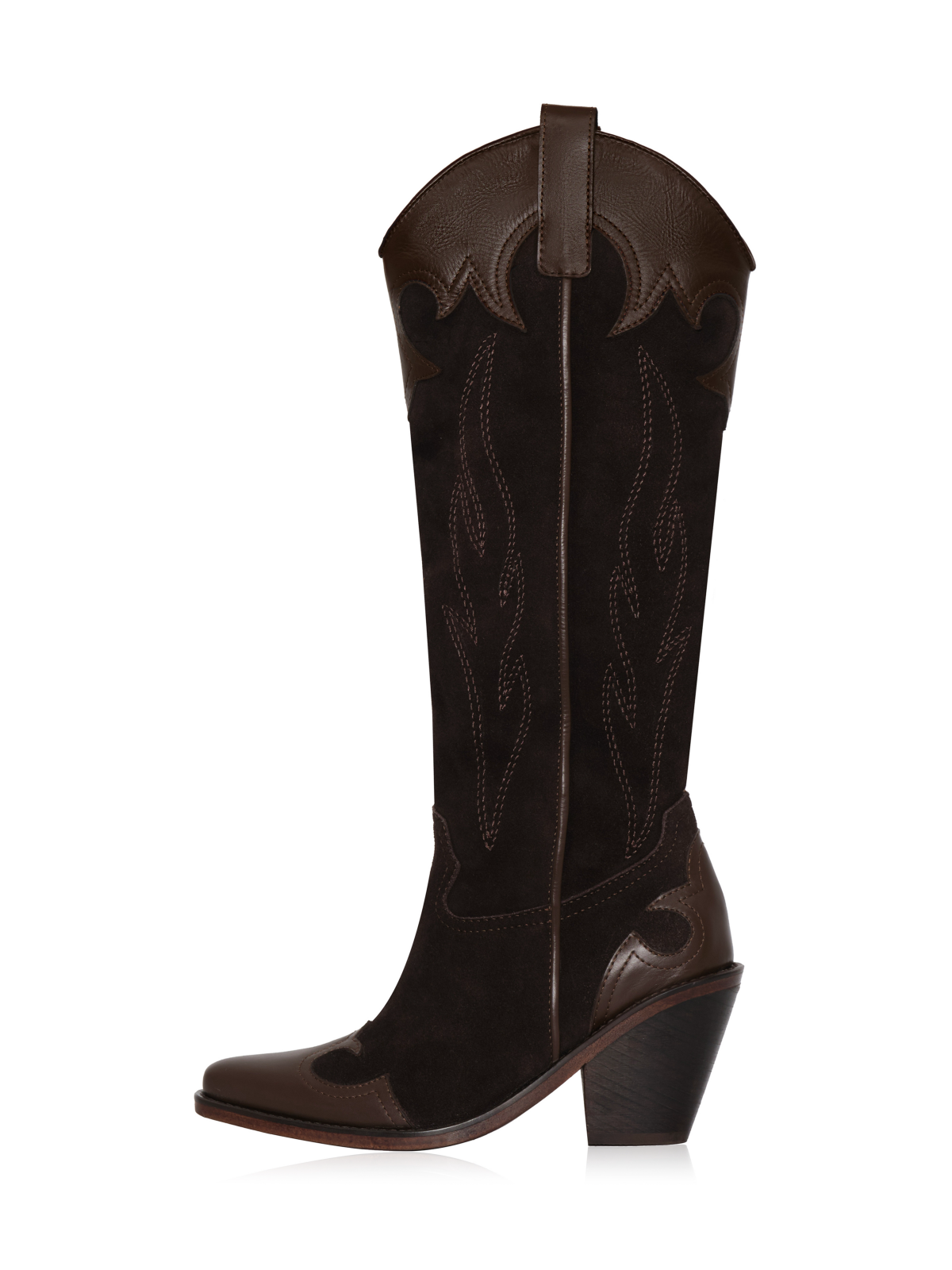 Black Faux Suede Snip-Toe Embroidery Brown Applique Wide Mid Calf Cowgirl Boots