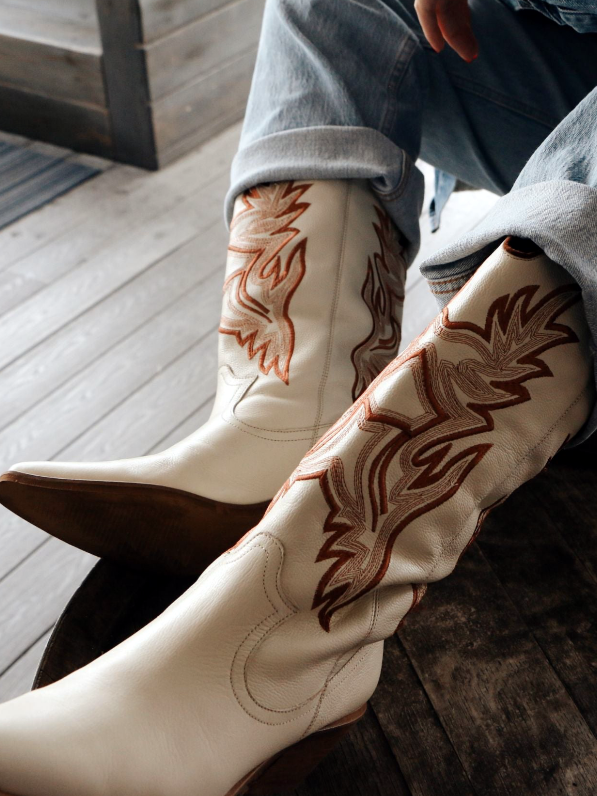 Ivory Vegan Leather Snip-Toe Embroidery Wide Mid Calf Tall Cowgirl Boots