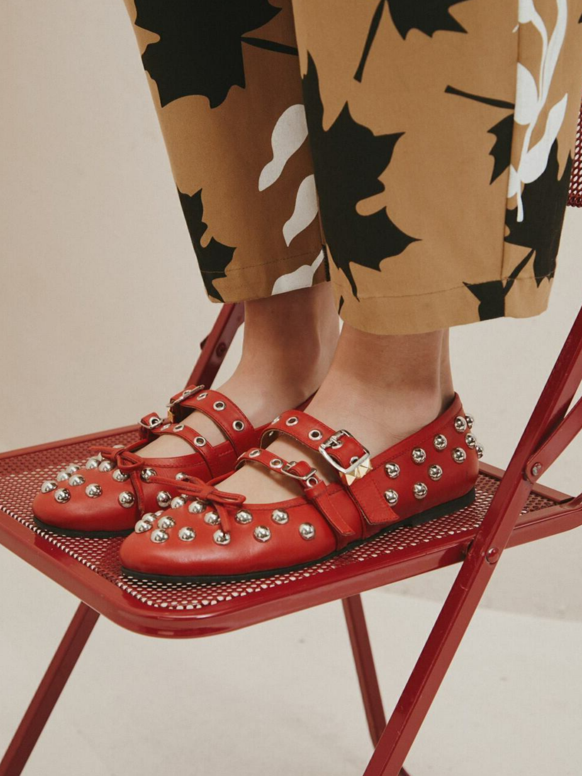 Red Bow Stud Ballet Flats Mary Janes With Grommet Eyelet Buckled Strap