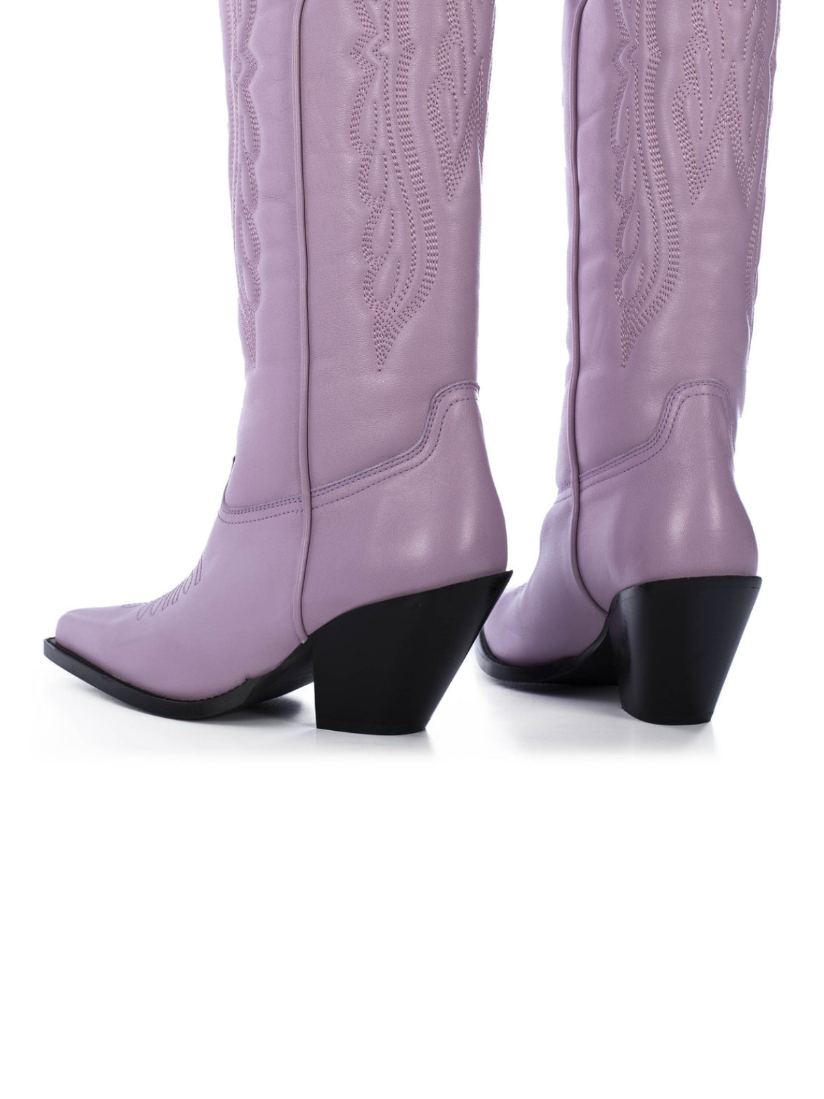 Wing Embroidery Pointed-Toe Wide Calf Tall Knee High Cowgirl Boots - Lilac Purple