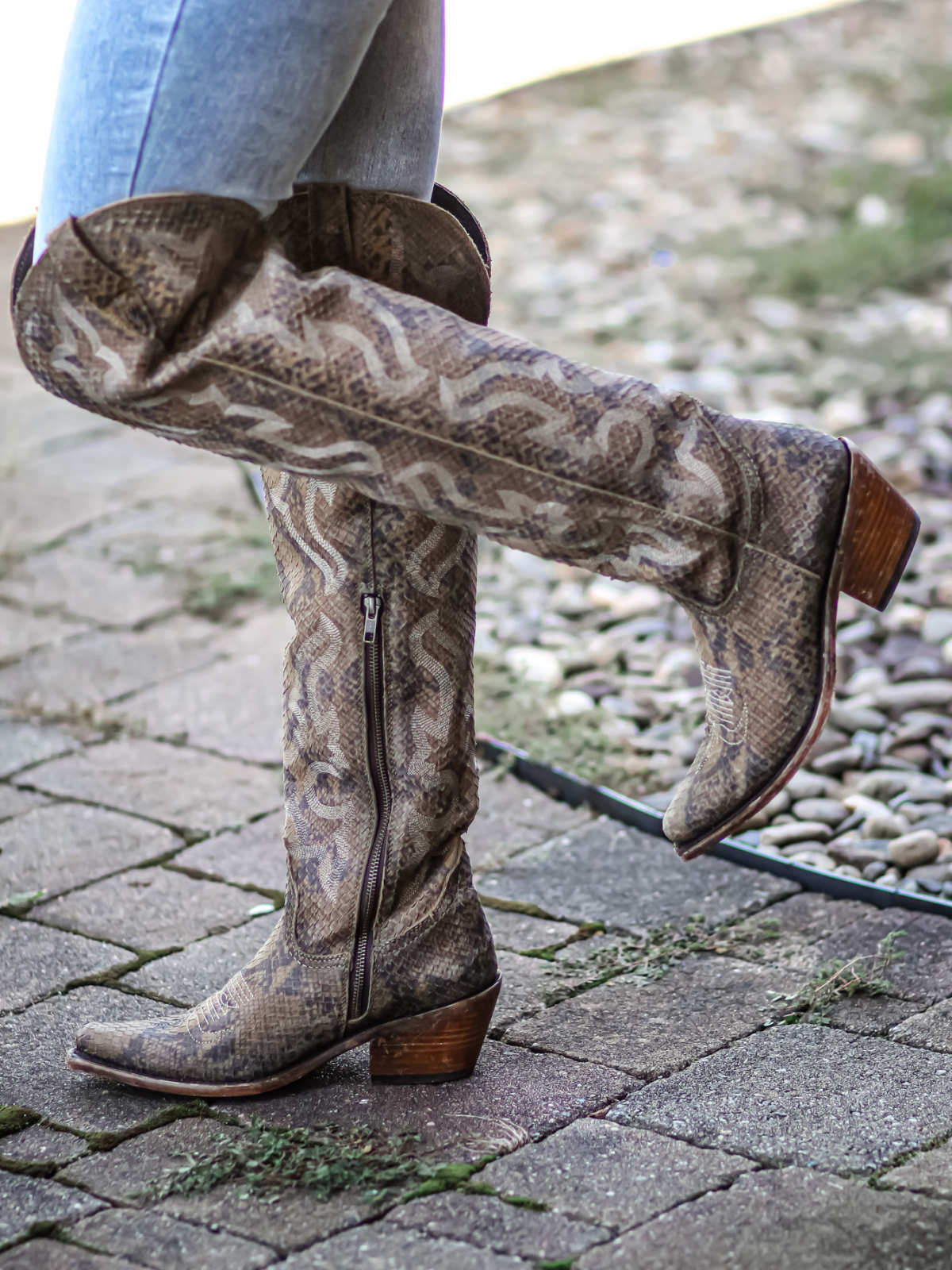 Snakeskin Almond-Toe Embroidery Half-Zip Over-The-Knee Cowgirl Boots