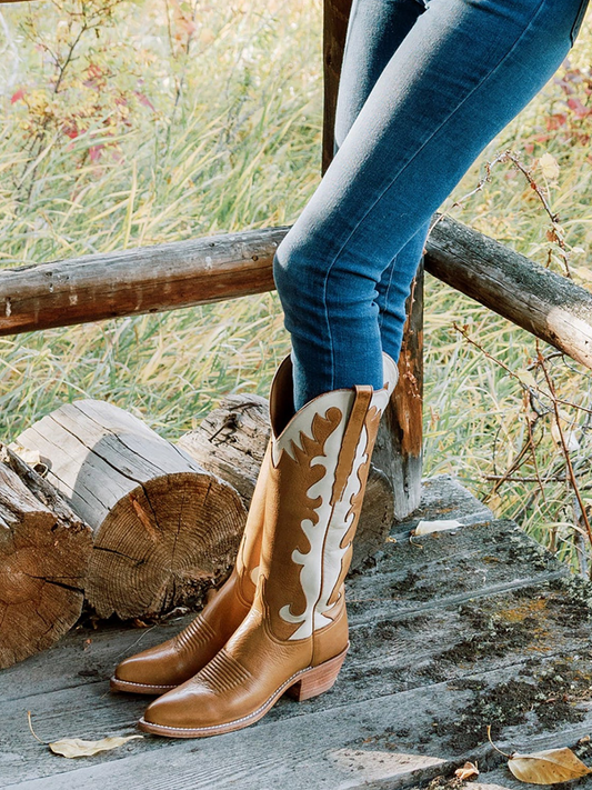 Brown Almond-Toe White Inaly Wide Mid Calf Tall Cowgirl Boots