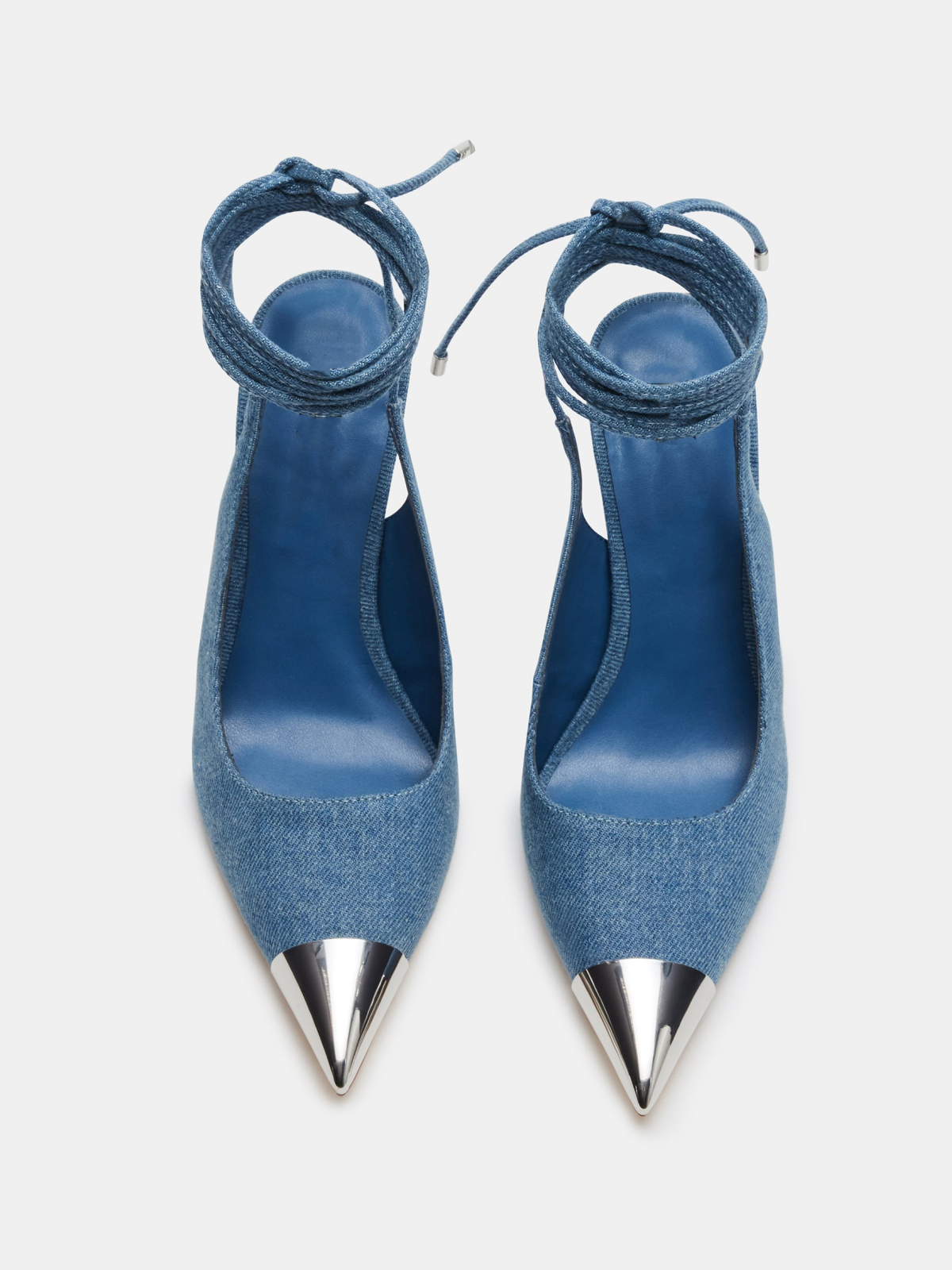 Blue Denim And Metal Steel Pointed-Toe Lace Up High Heels