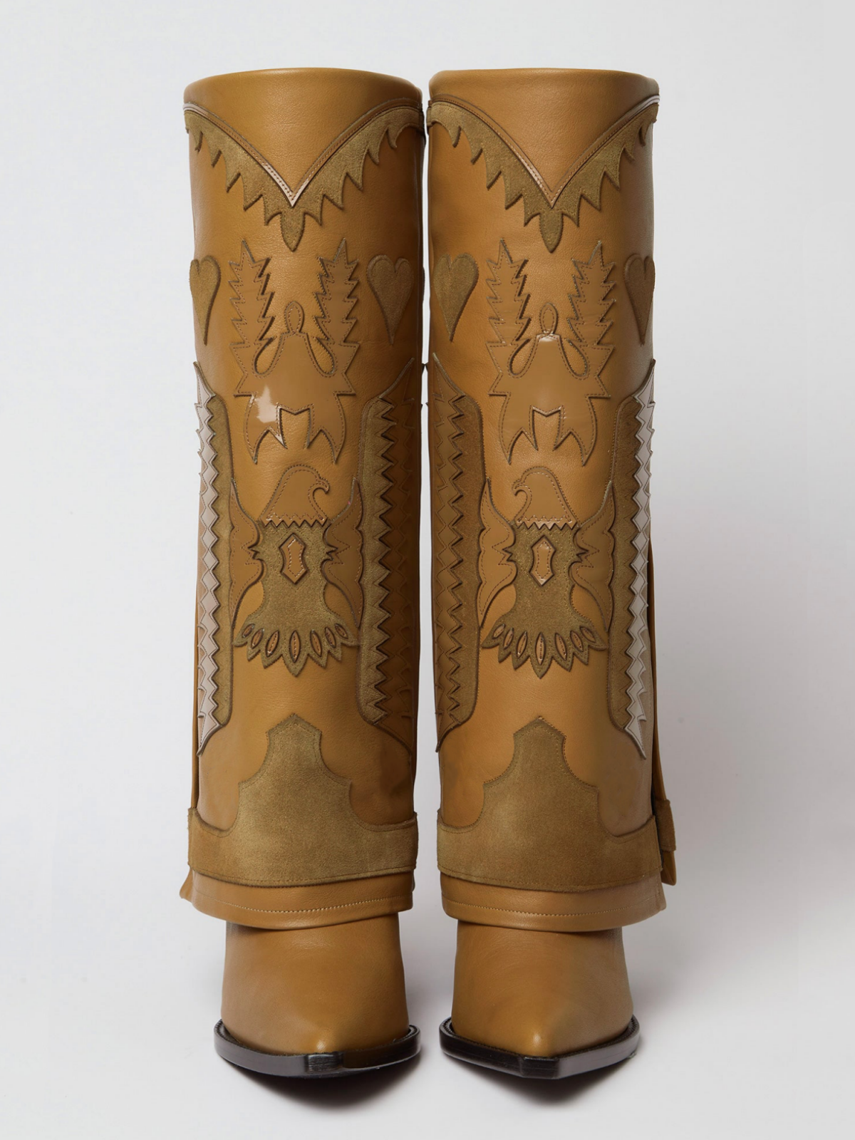 Fold-Over Panel Eagle And Heart Applique Snip-Toe Wide Mid Calf Boots - Camel