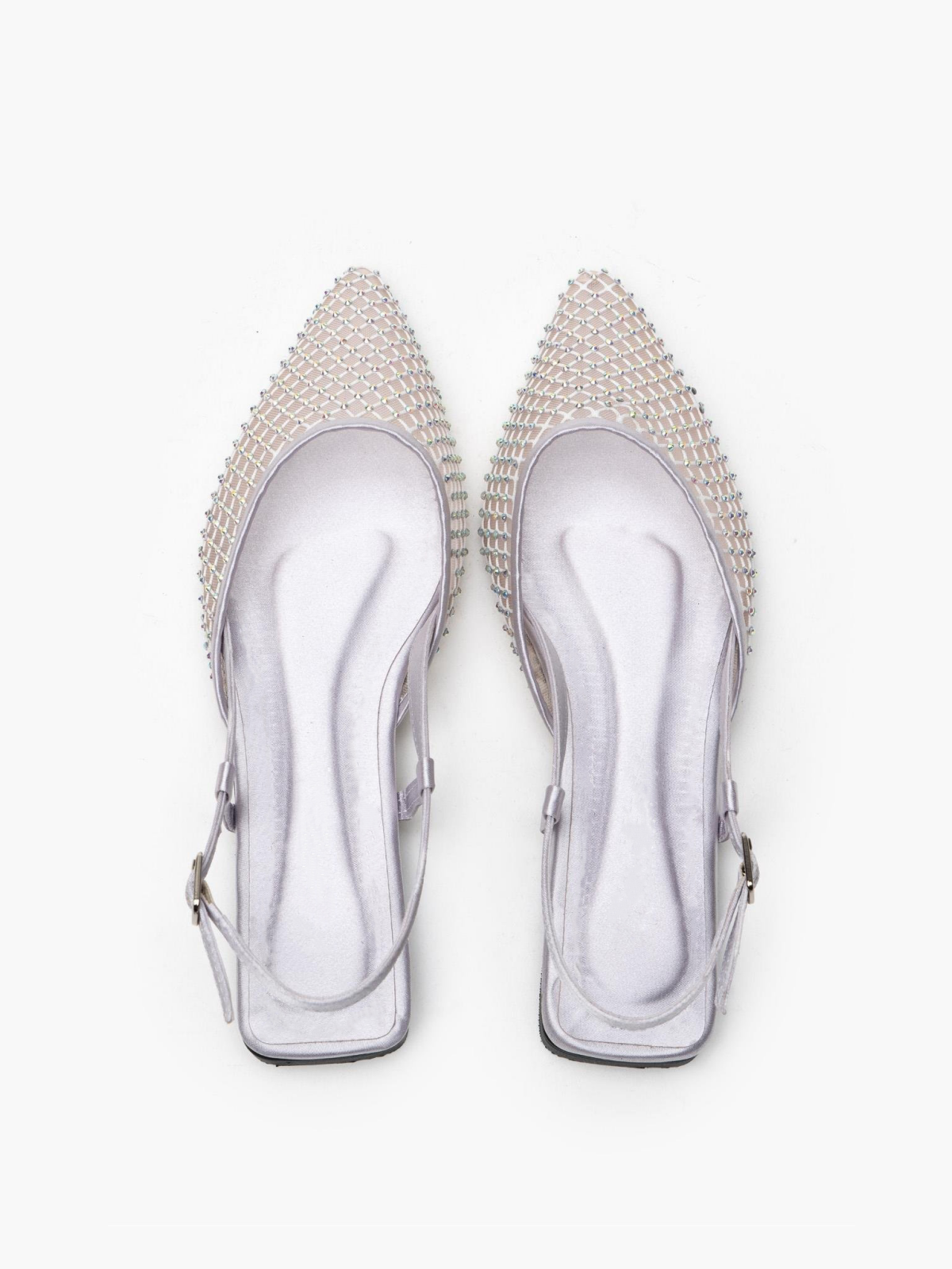 Silver Iridescent Rhinestone Pointy Slingback Ballerina Flats In Satin & Fishnet