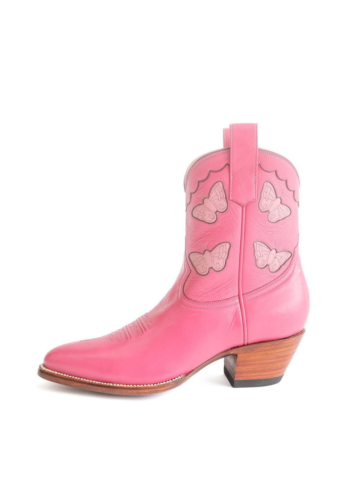 Pink Almond-Toe Butterfly Inlay Wide Mid Calf Cowgirl Boots