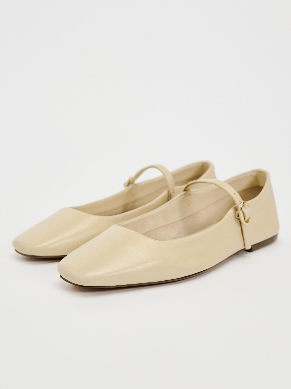 Beige Vegan Leather Square-Toe Ballet Flats Mary Janes With Buckled Strap