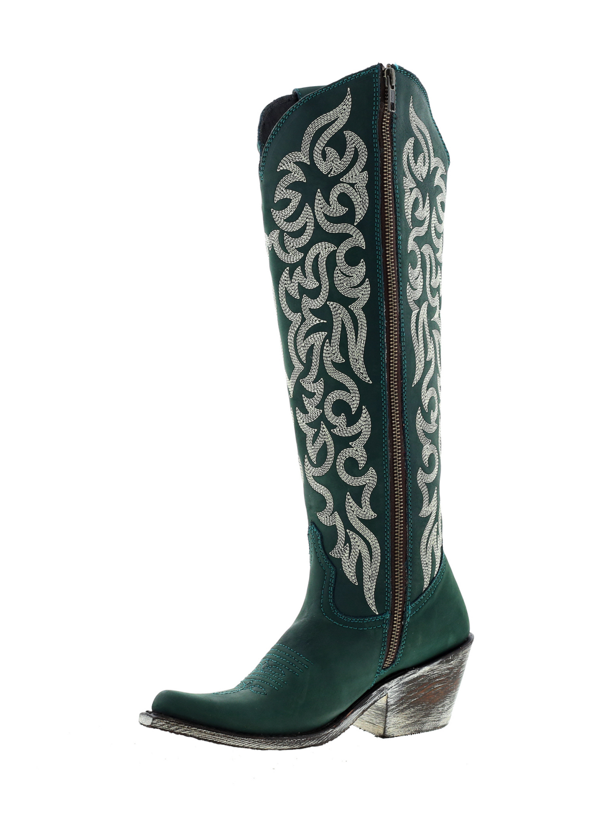 Embroidery Almond-Toe Full-Zip Knee High Tall Cowgirl Boots - Black