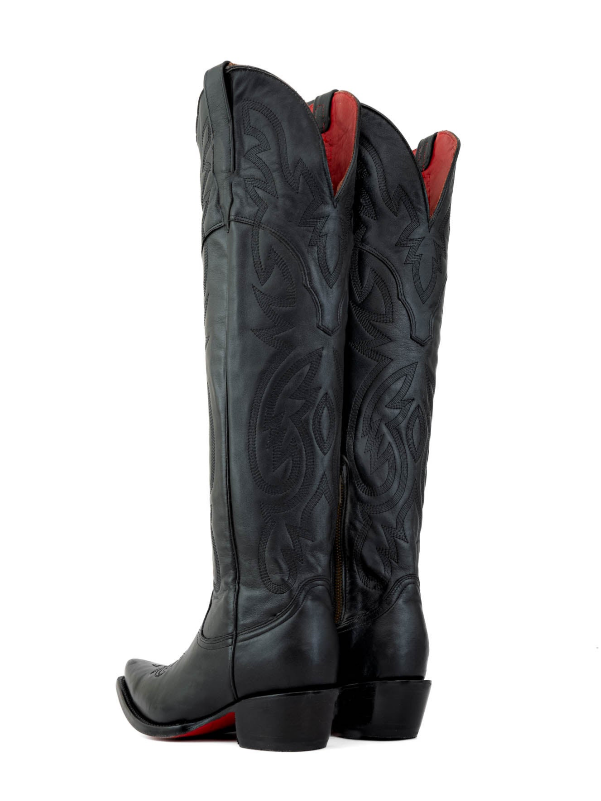 Black Snip-Toe Western Embroidery Half-Zip Knee High Cowgirl Boots