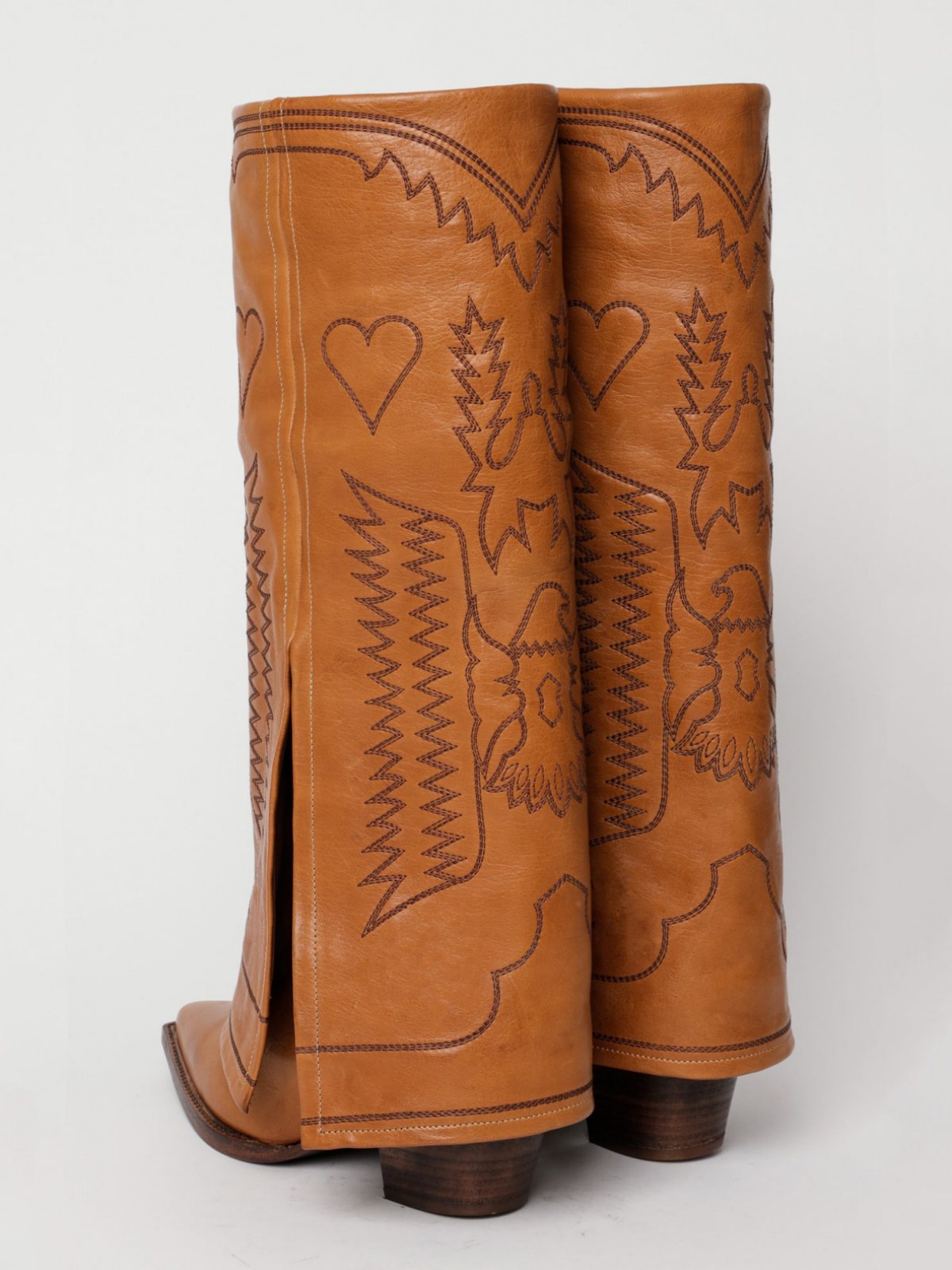 Fold-Over Panel Eagle And Heart Embroidery Snip-Toe Wide Mid Calf Boots - Light Brown