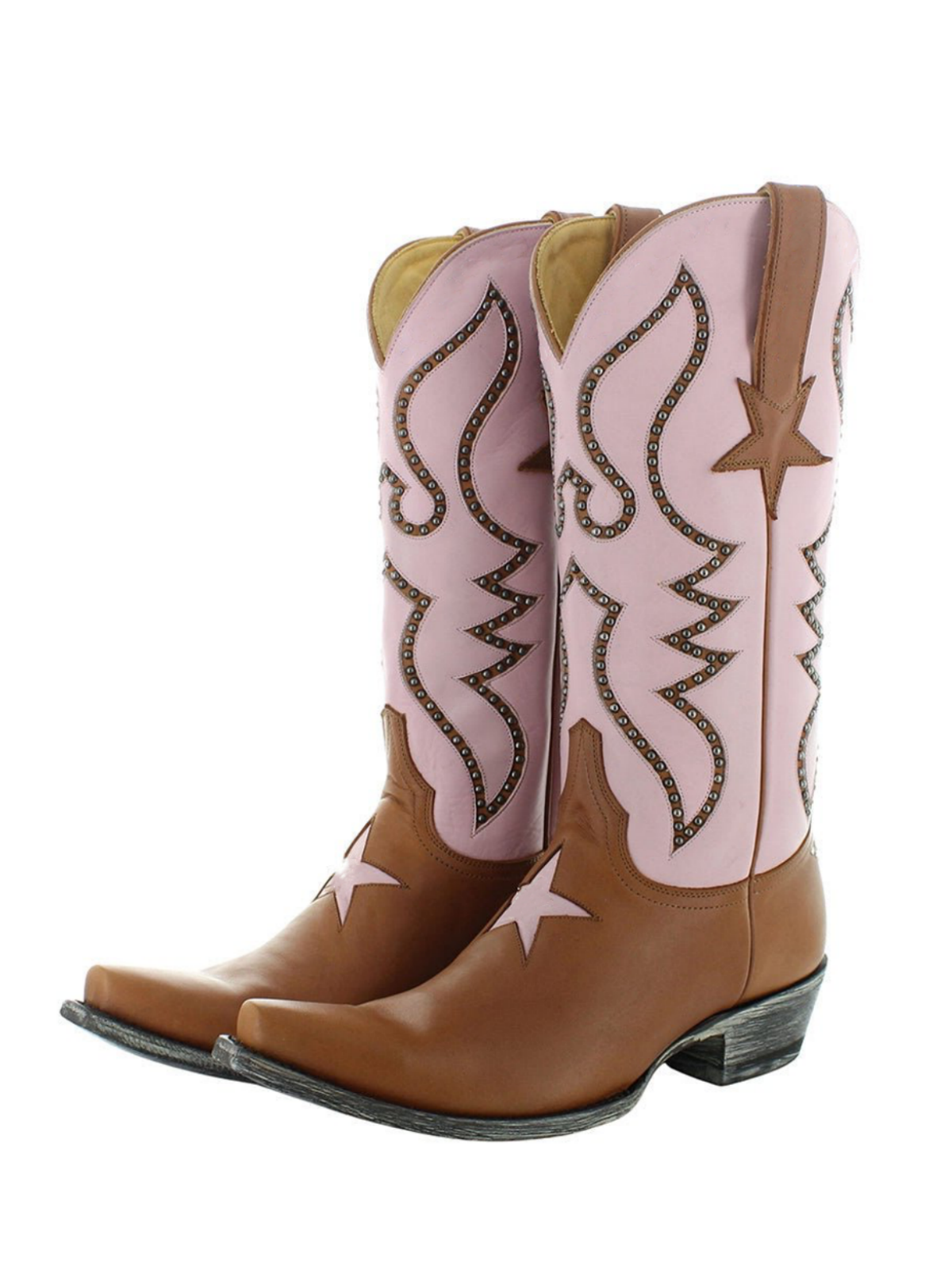 Contrast Brown And Light Pink Snip-Toe Studded Star Inlay Wide Mid Calf Cowgirl Boots