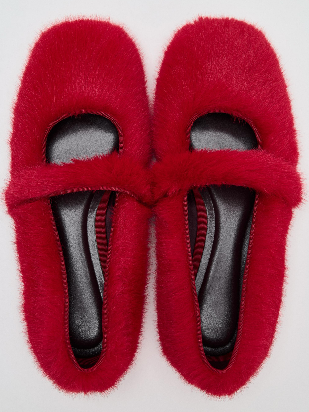 Red Faux Fur Round-Toe Front Strap Ballet Flats