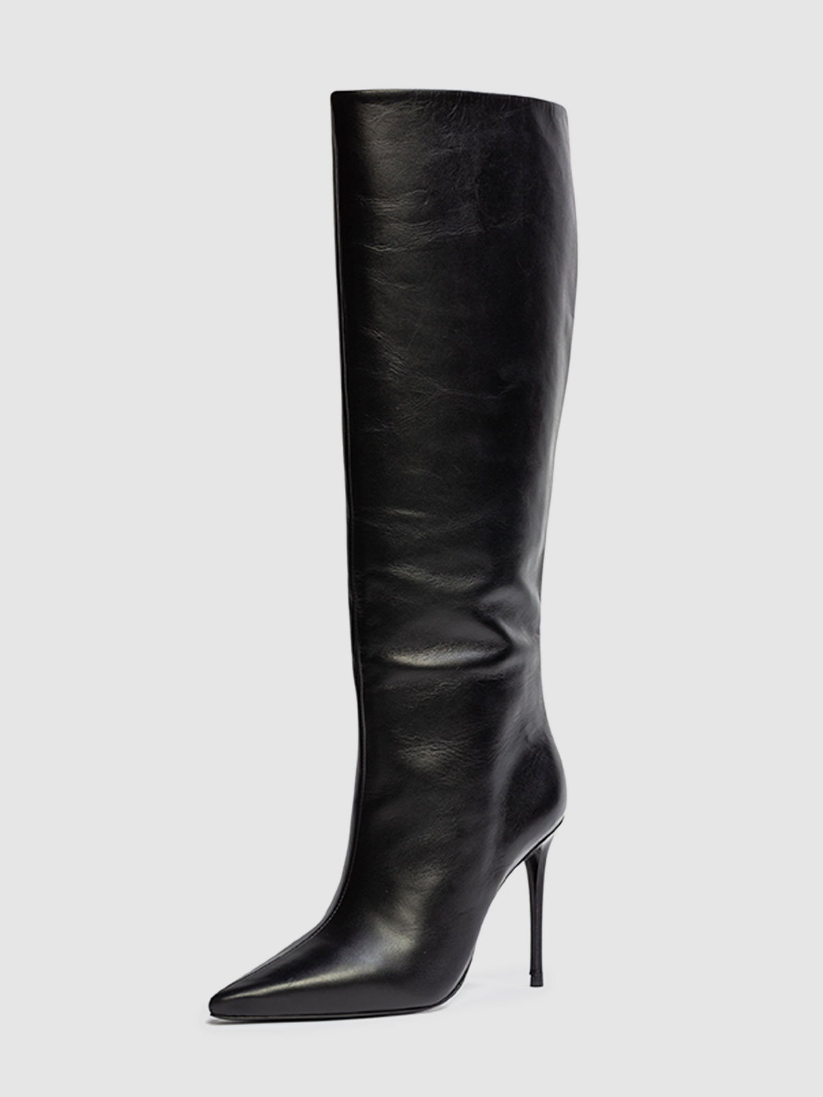 Black Pointed-Toe Wide Mid Calf Stiletto Boots