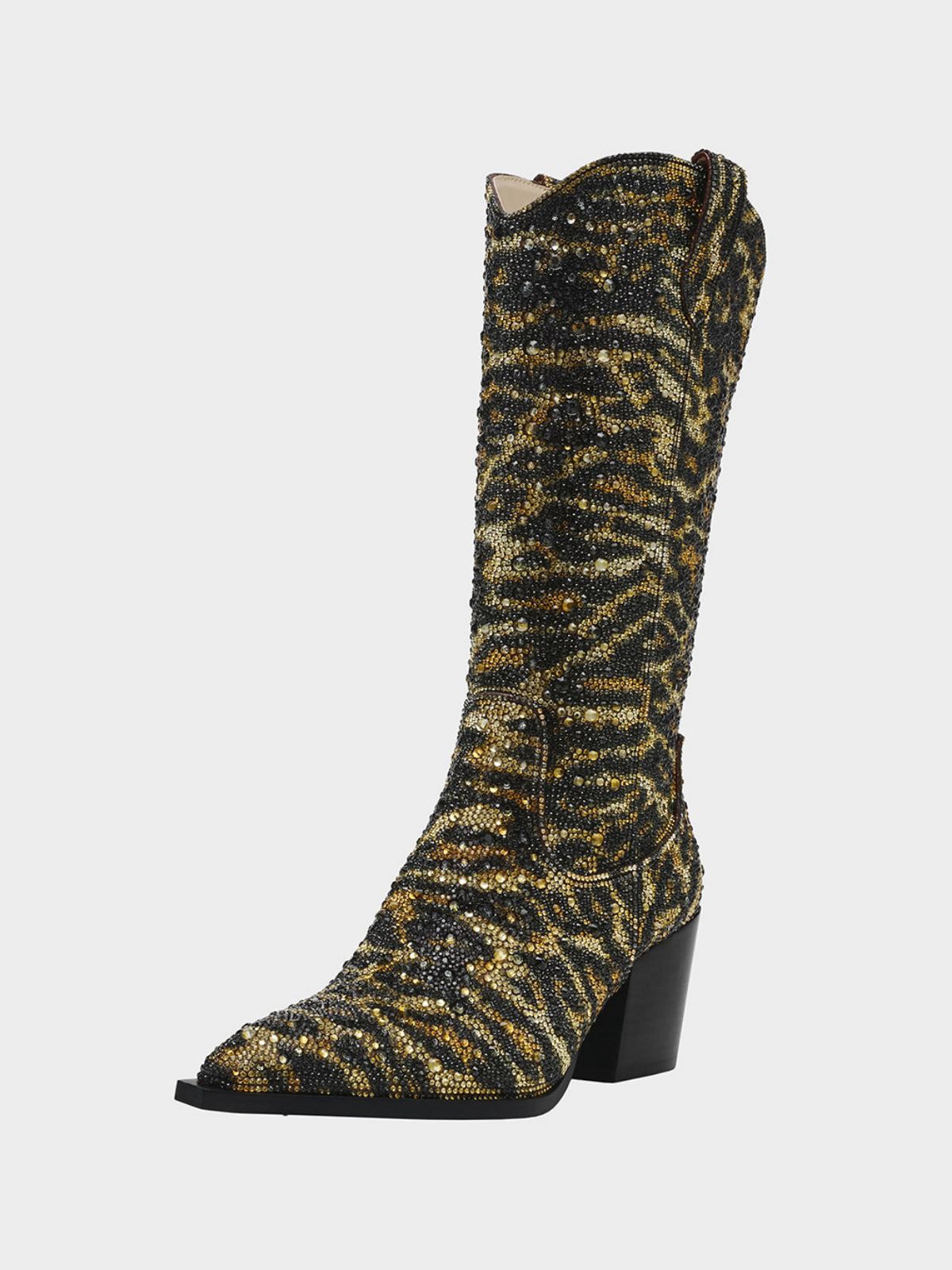 Leopard Round-Toe Rhinestone Half-Zip Mid Calf Cowgirl Boots