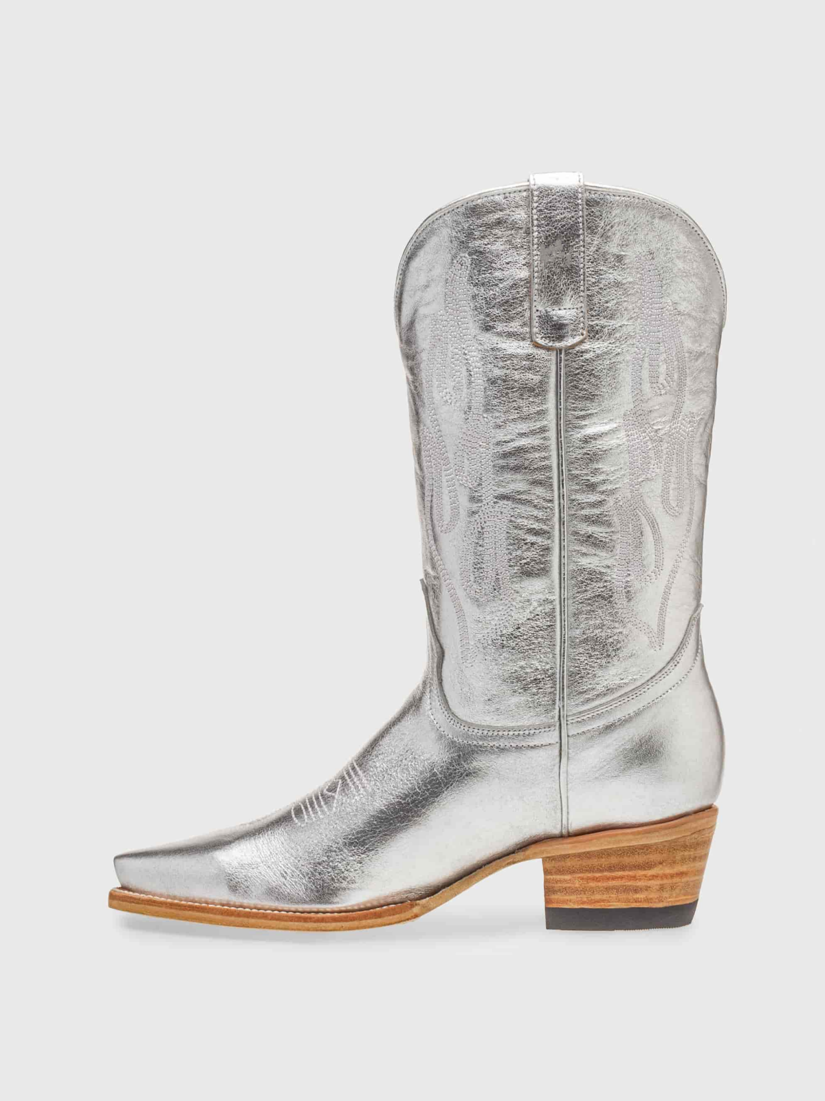 Flame Embroidery Snip-Toe Wide Mid Calf Tall Cowgirl Boots - Metallic Silver