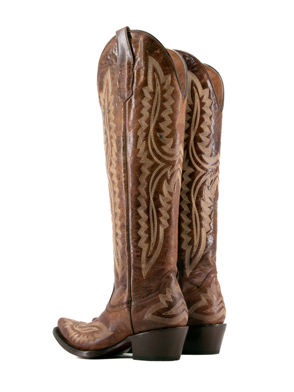 Distressed Brown Classic Embroidery Snip-Toe Half-Zip Western Knee High Tall Boots