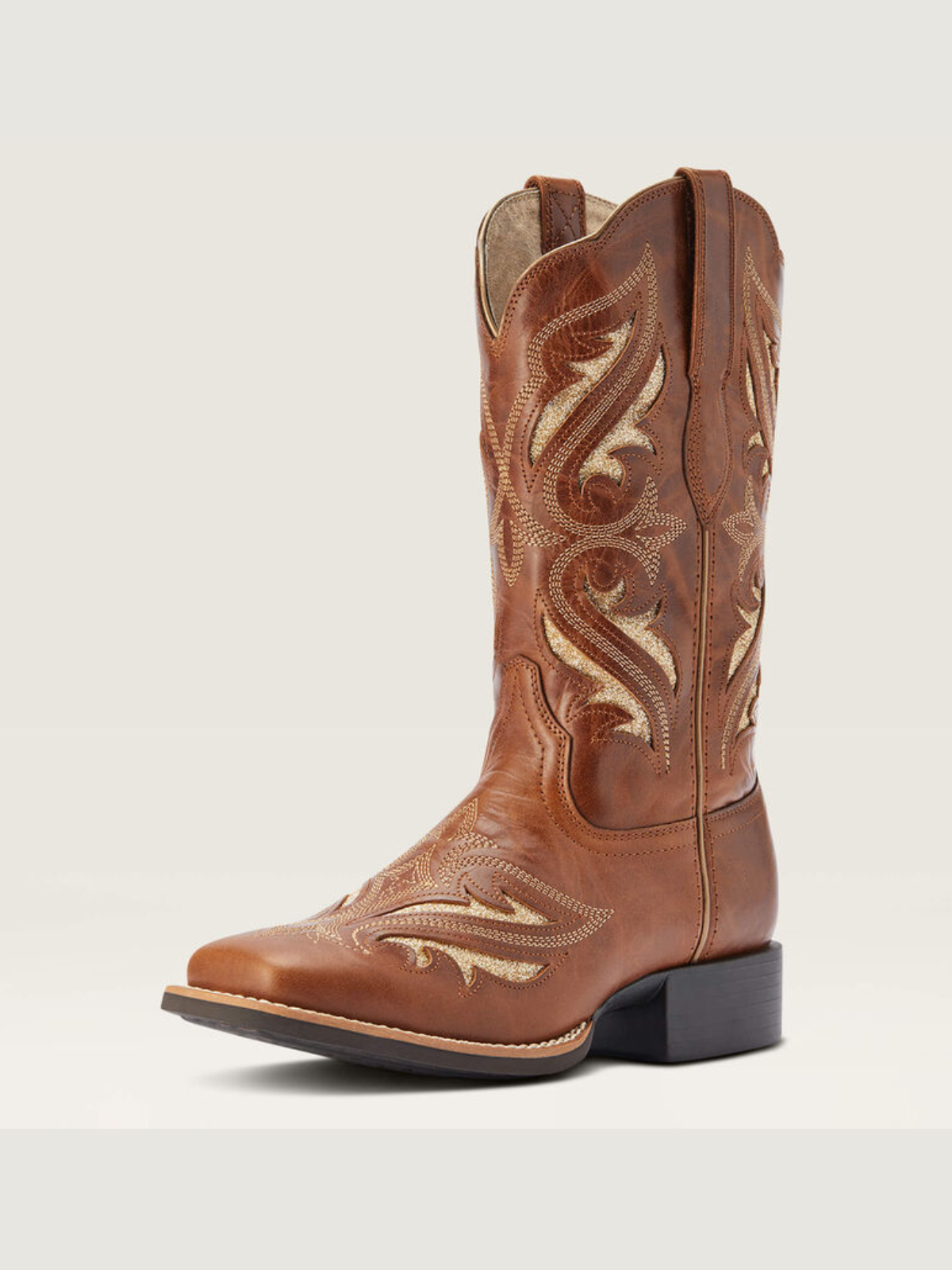 Dark Tan Square-Toe Inlay With Glitter Embroidery Wide Mid Calf Cowgirl Boots